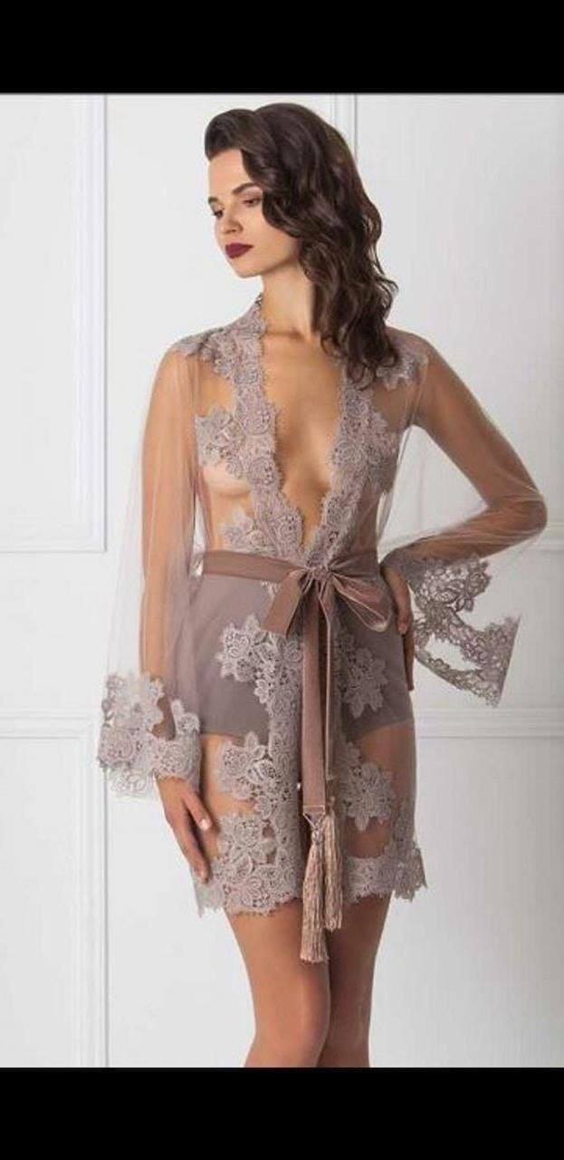 Taupe Sheer-Lace Short Robe