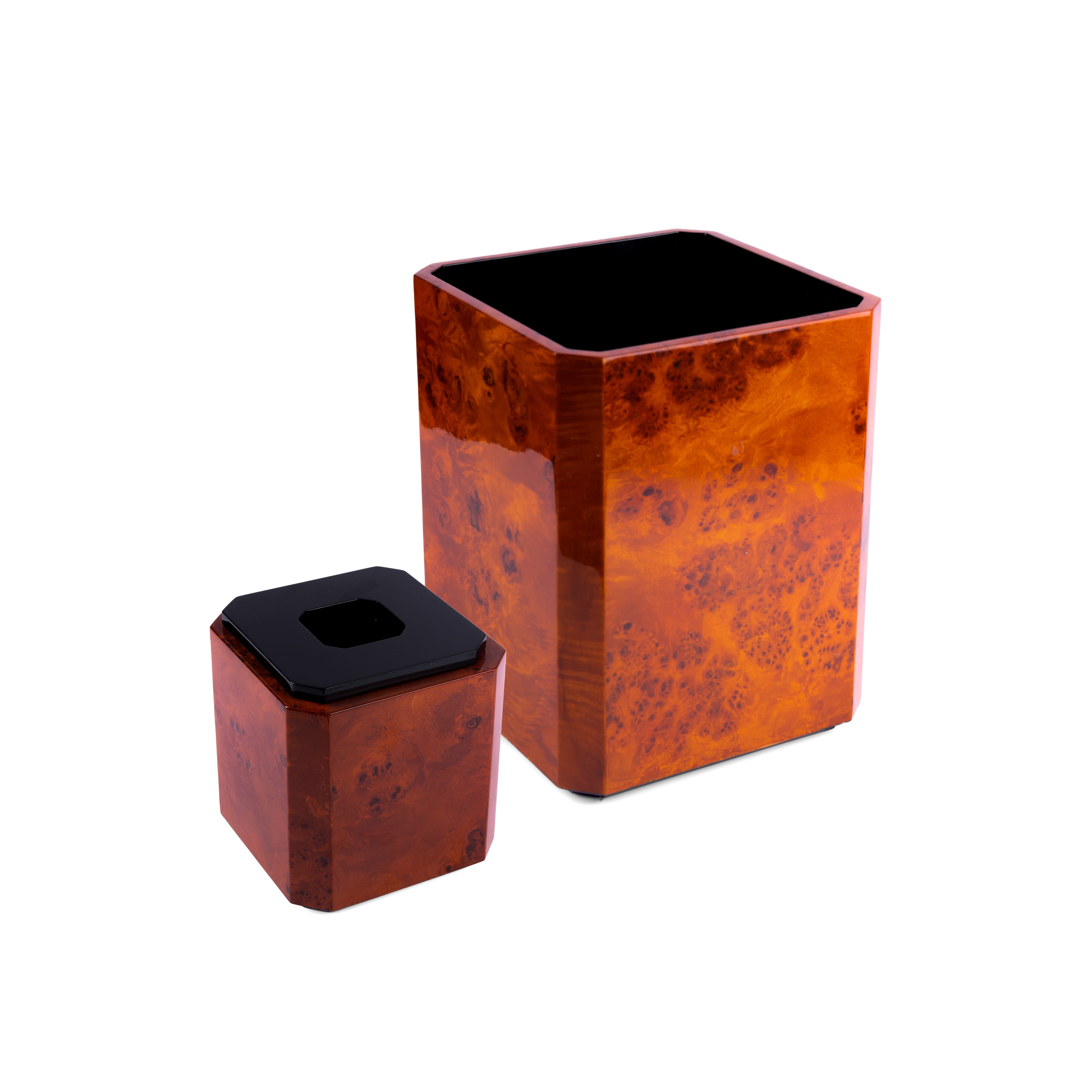 Labrazel. Maru Cherry Set of Tissue Box & Wastebasket in Burl Wood Finish