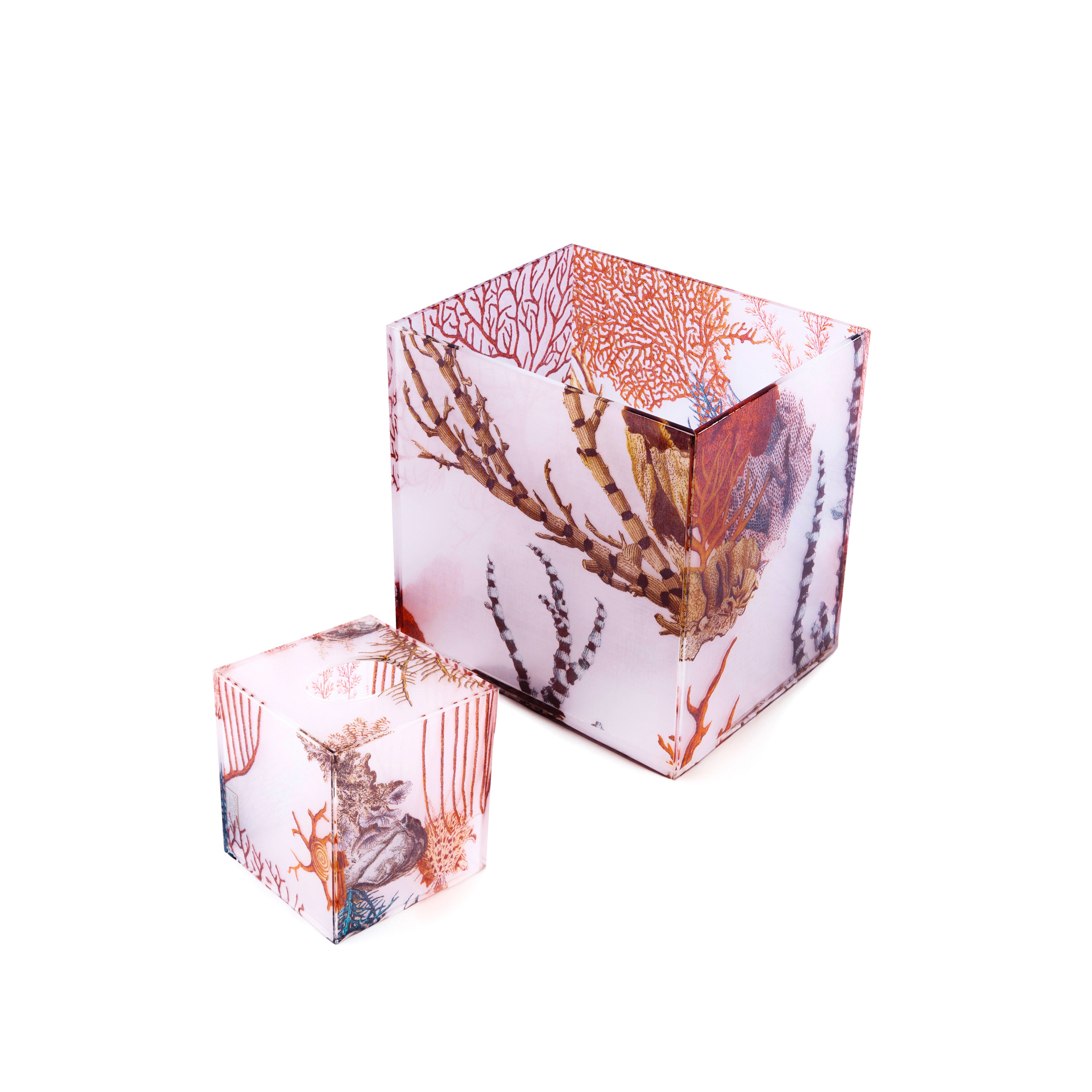 Oggetti. A Set of Neptune Tissue Box & Wastebasket Featuring Coral Life