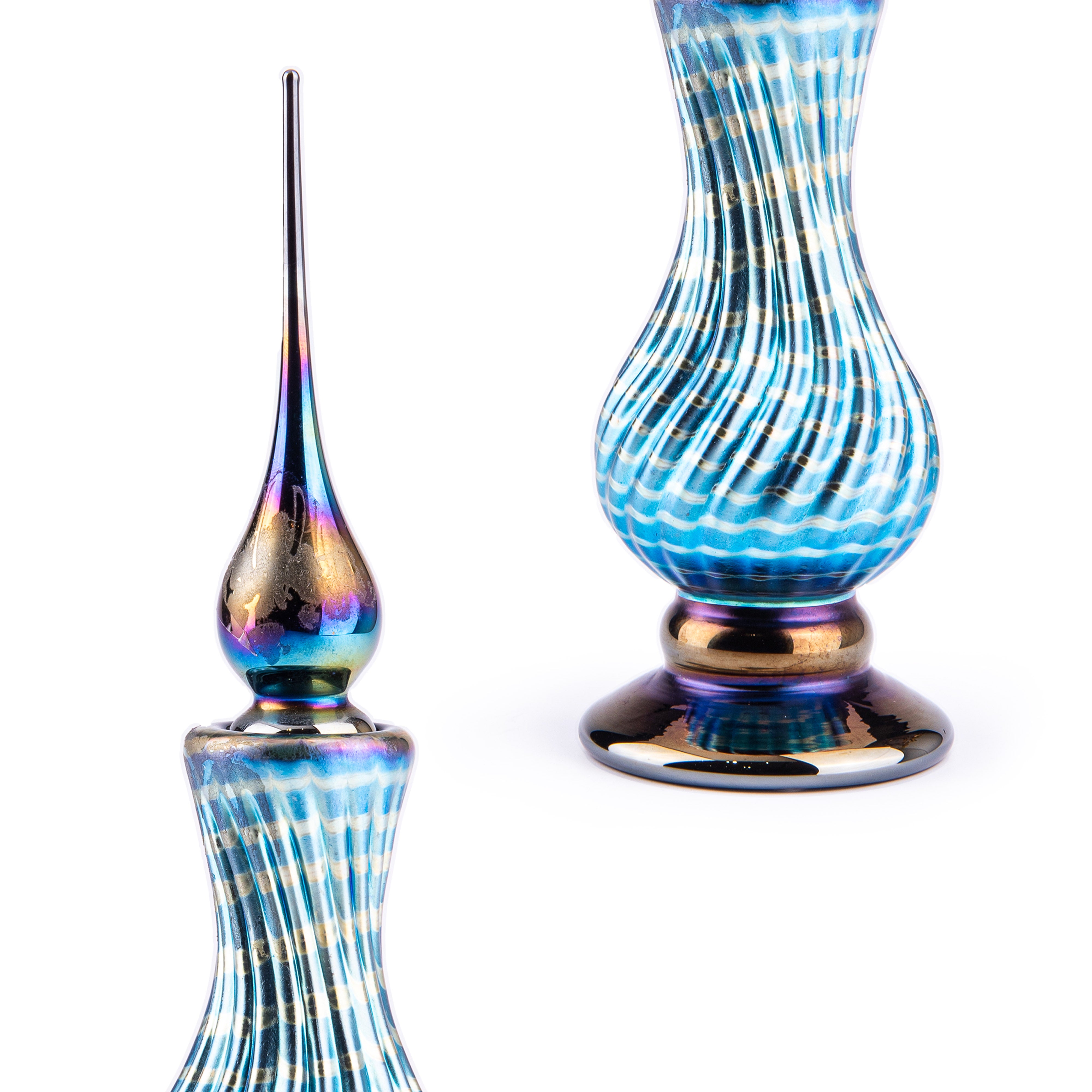 Abelman Glass Art. Tall Perfume Bottle Designed with Blue Shimmering Swirls. 25 ML