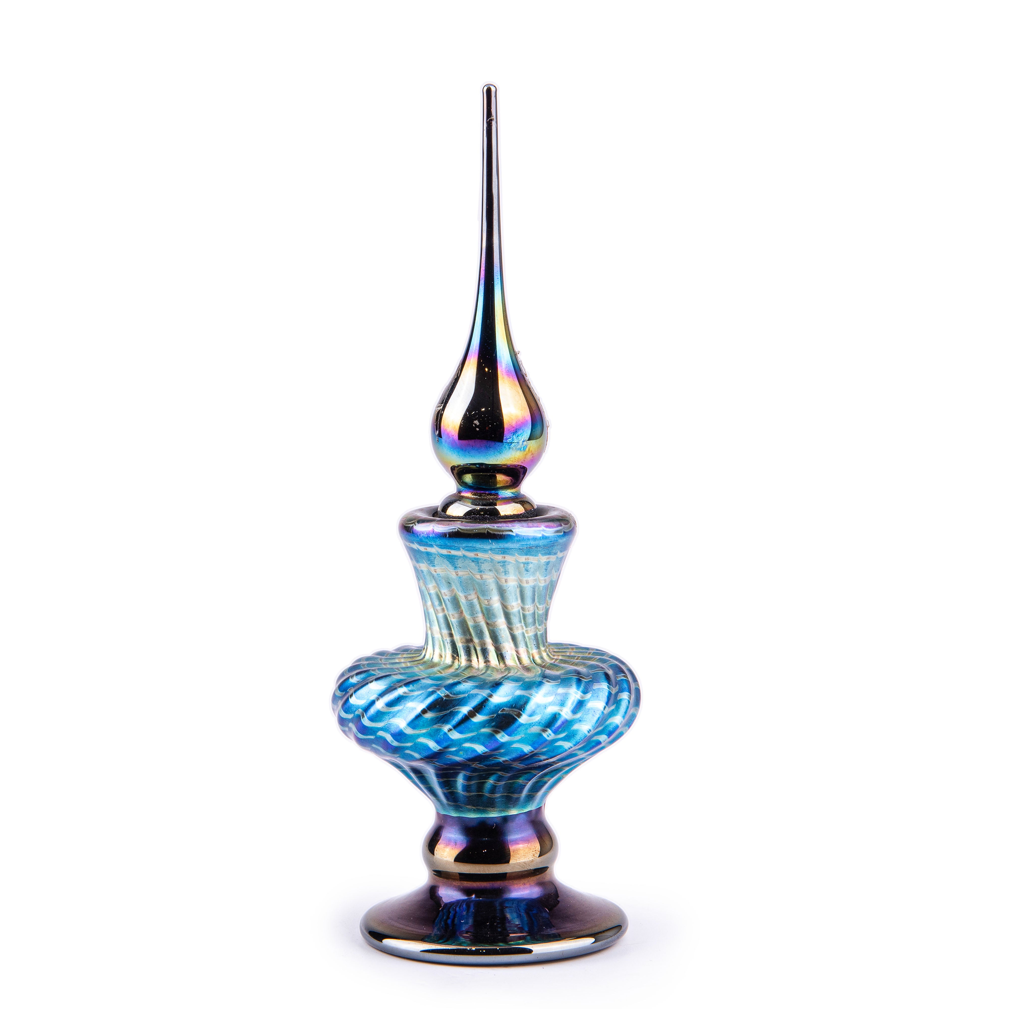 Abelman Glass Art. Compact Perfume Bottle Designed with Blue Shimmering Swirls. 25 ML