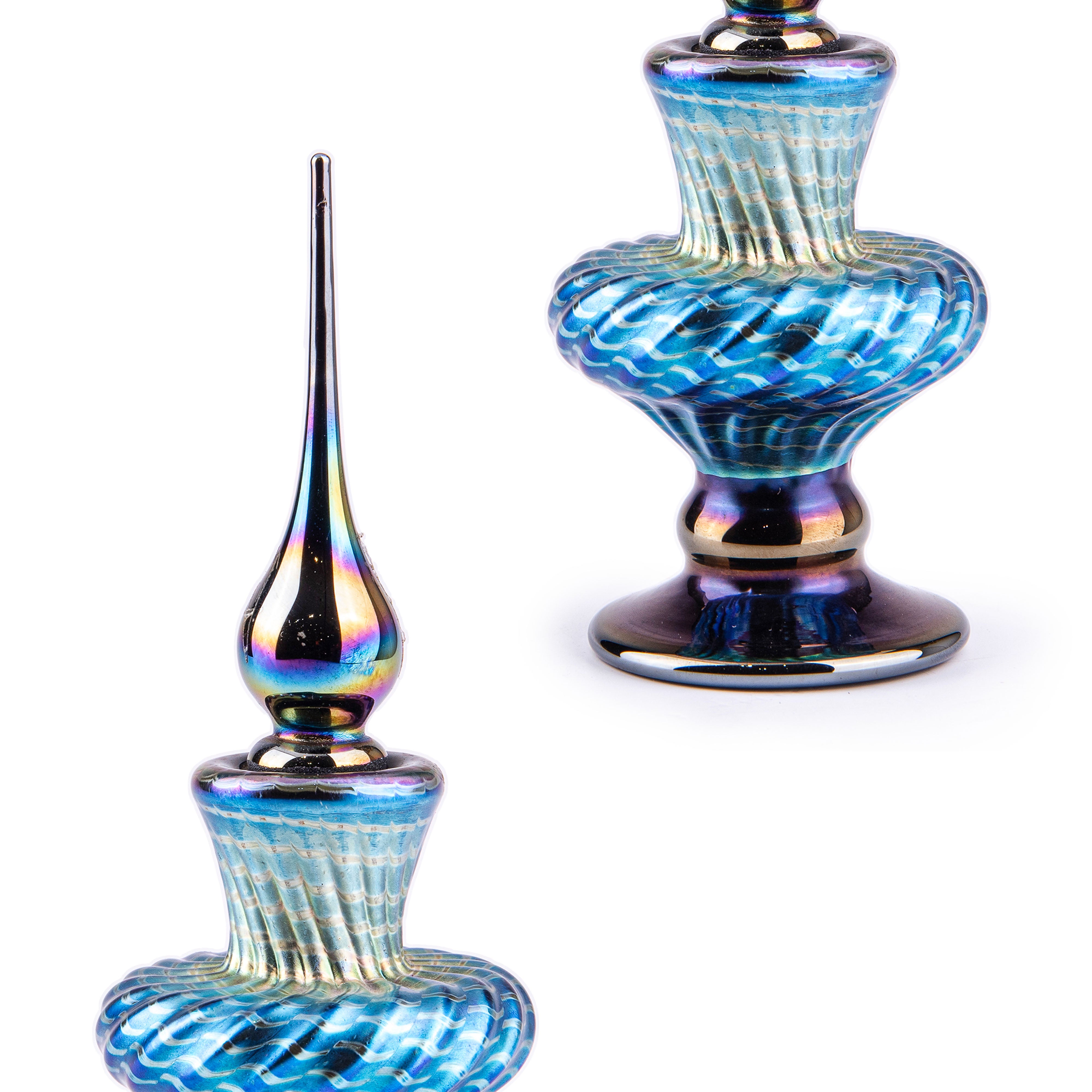 Abelman Glass Art. Compact Perfume Bottle Designed with Blue Shimmering Swirls. 25 ML