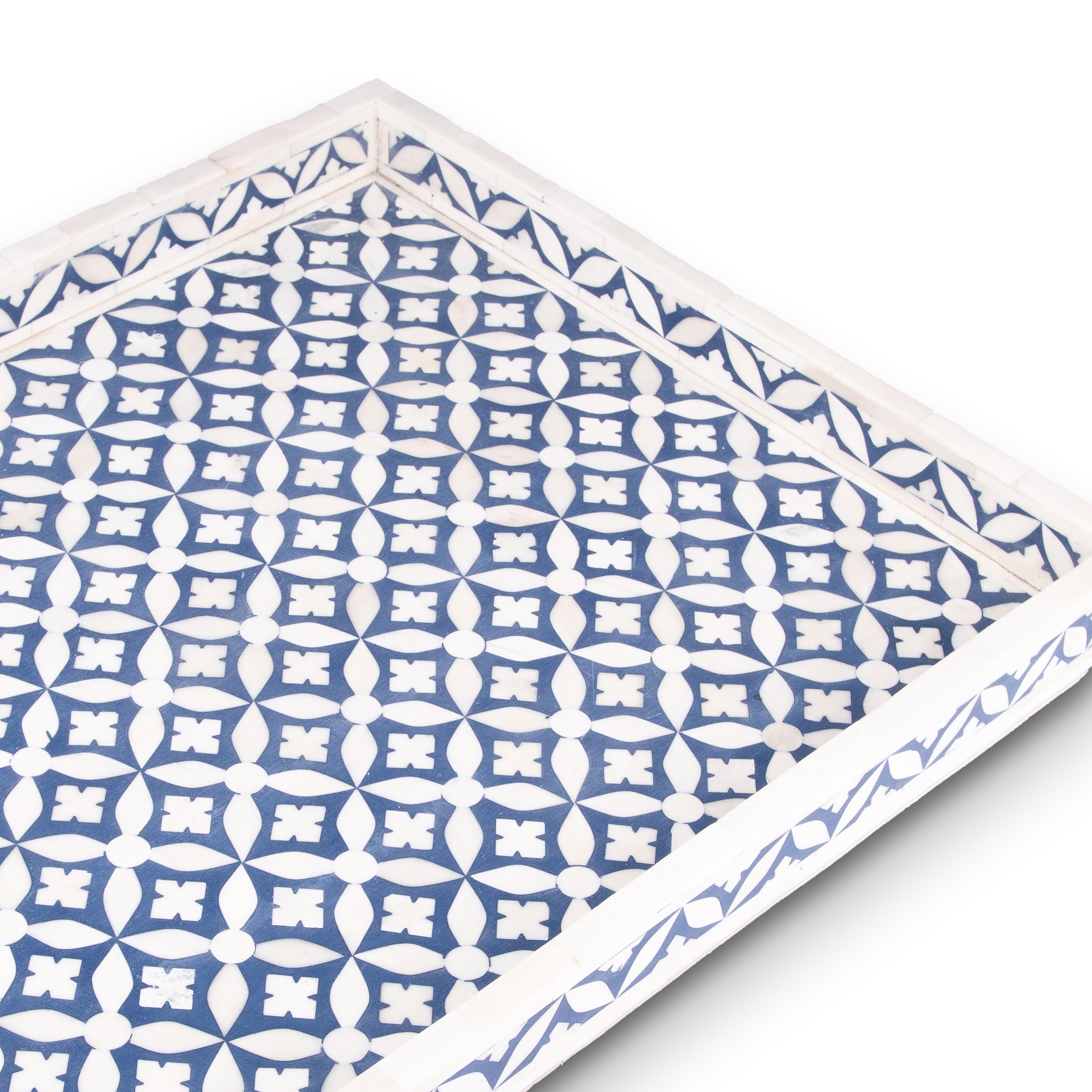 Bojay. Blue & White Decorative Tray in Bone & Wood. Large Size