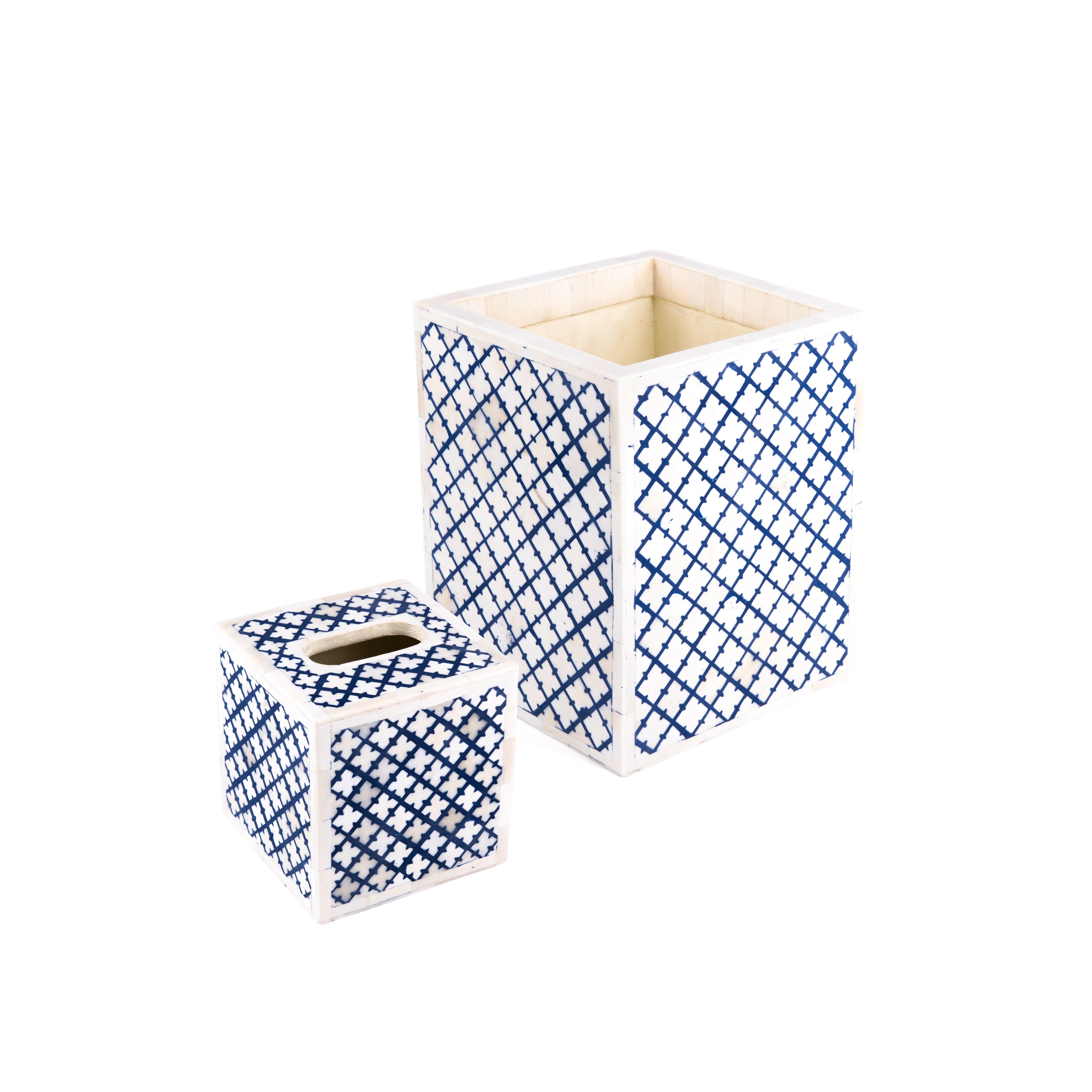 Bojay. A set of Blue Wastebasket & Tissue Box in Bone & Wood