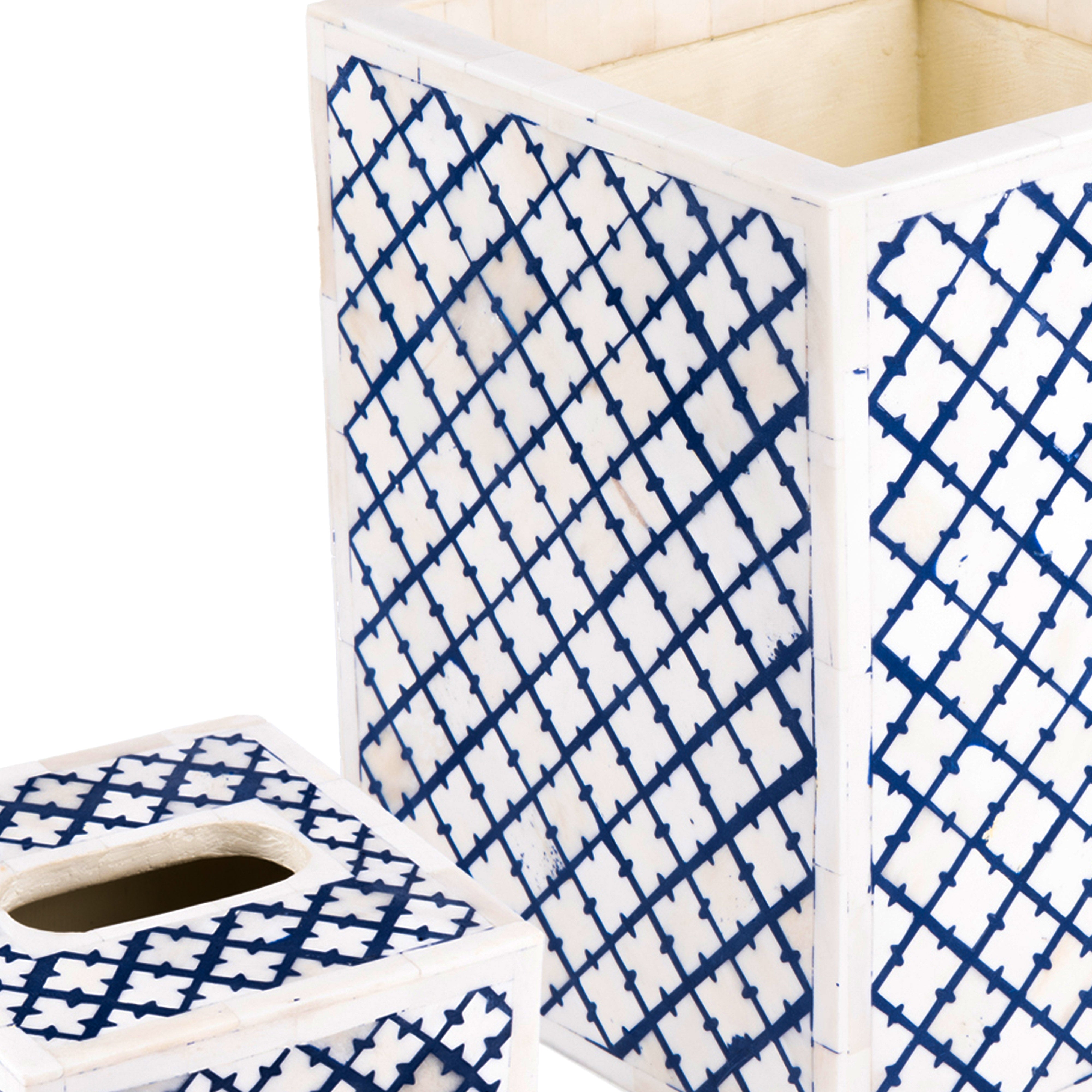 Bojay. A set of Blue Wastebasket & Tissue Box in Bone & Wood