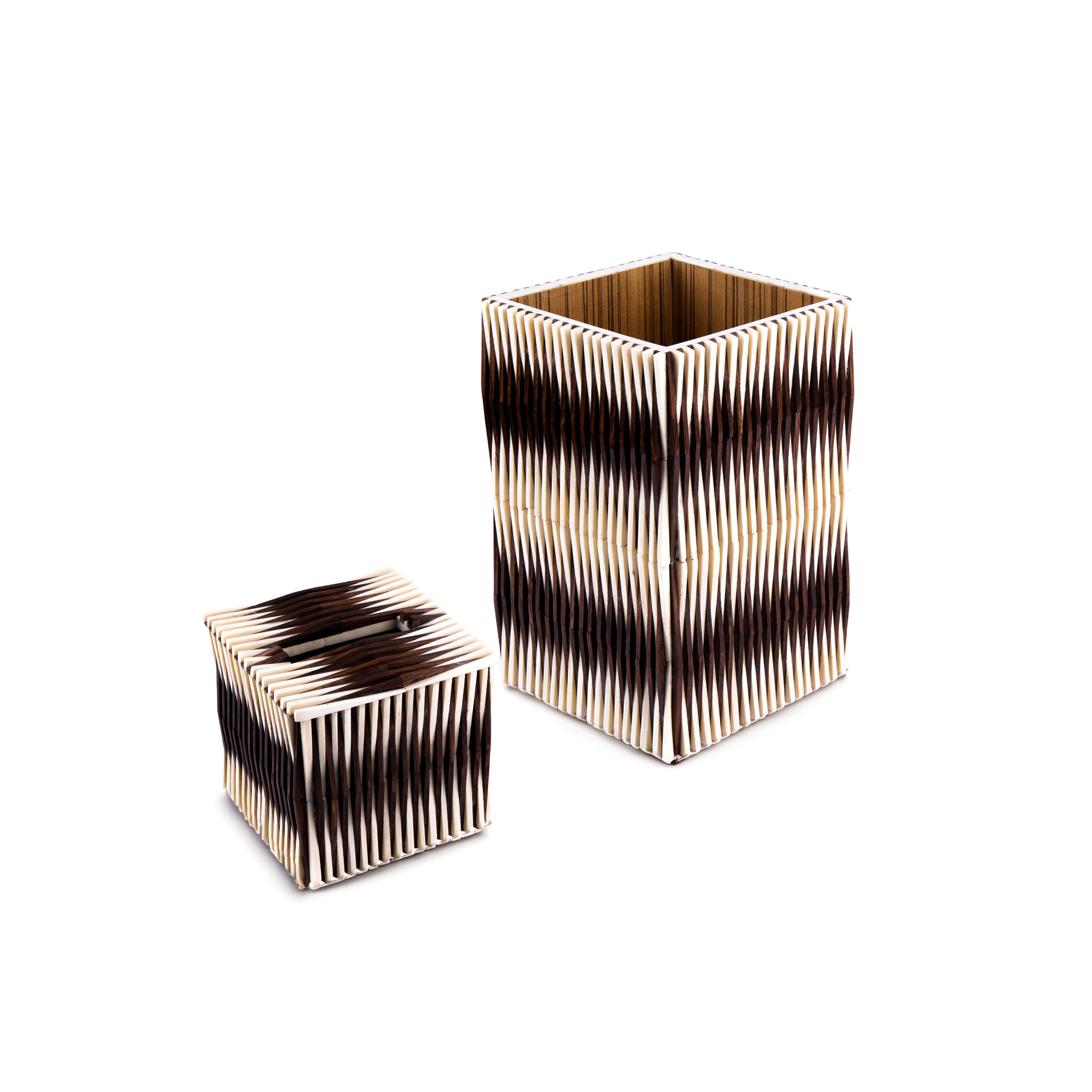 Bojay. Set of Wastebasket & Tissue Box in Bone & Brown Wood
