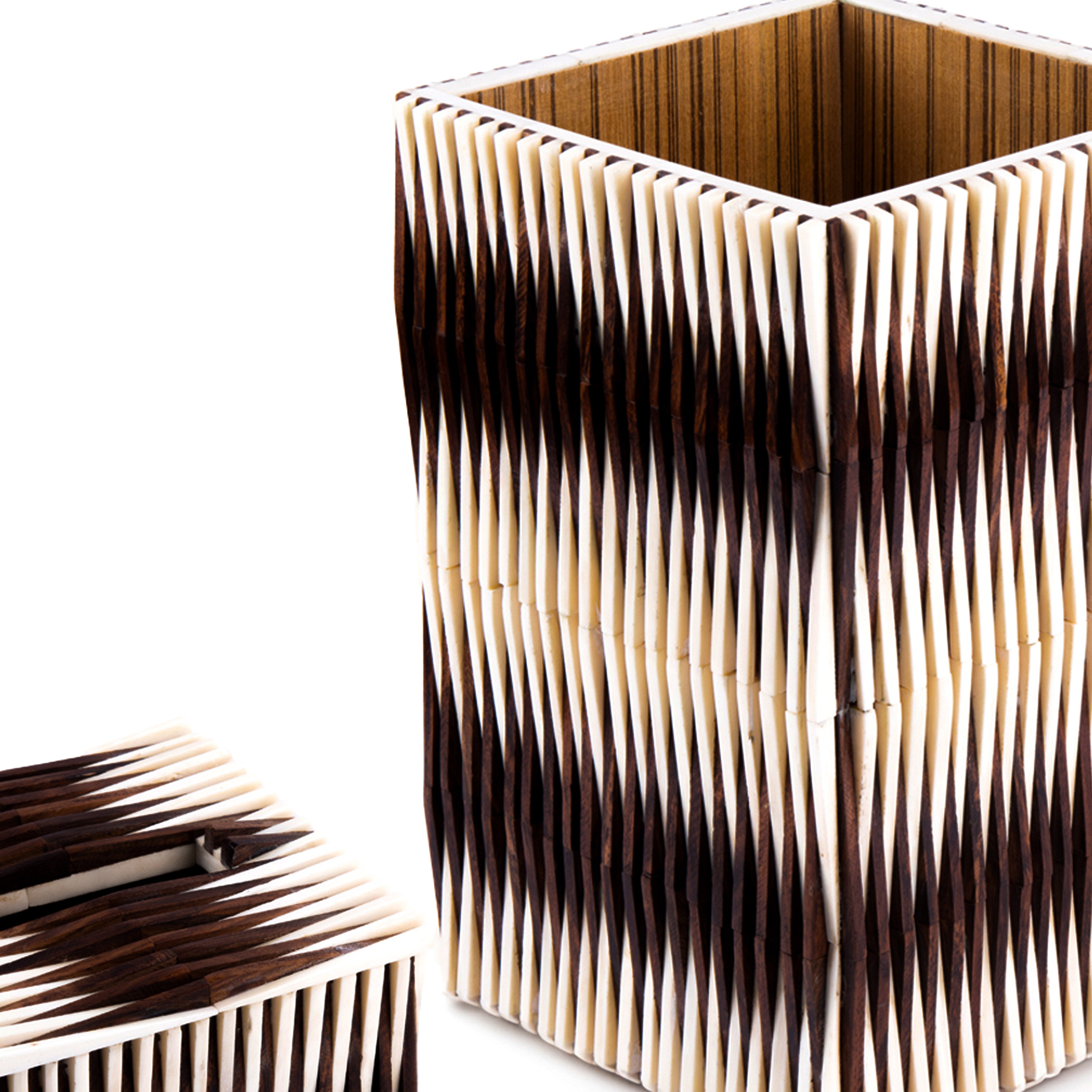 Bojay. Set of Wastebasket & Tissue Box in Bone & Brown Wood