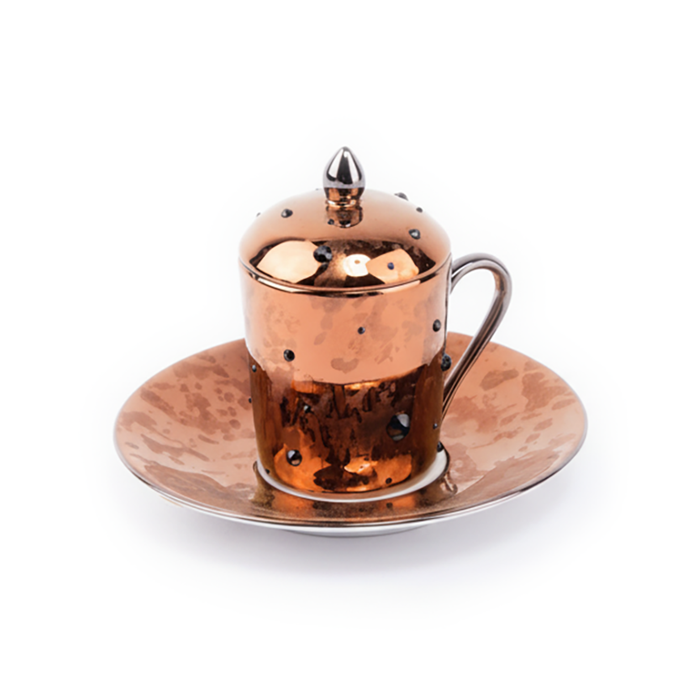 Design Sophie Villepigue. Set of 6 Turkish Coffee Cups with Saucers & Lids Studded with Swarovski