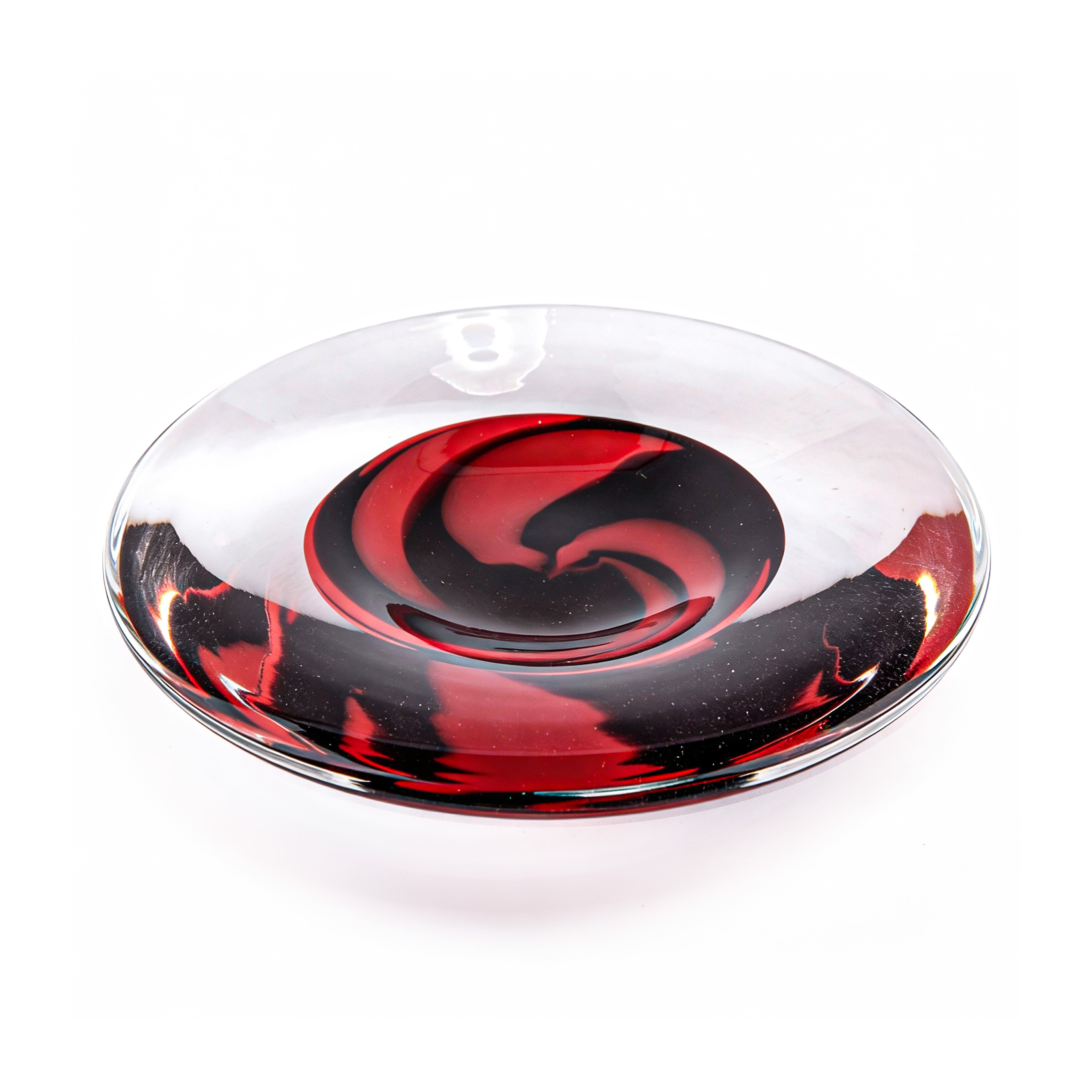 Seguso Gianni. Art Glass Decorative Plate with Red and Black Swirls