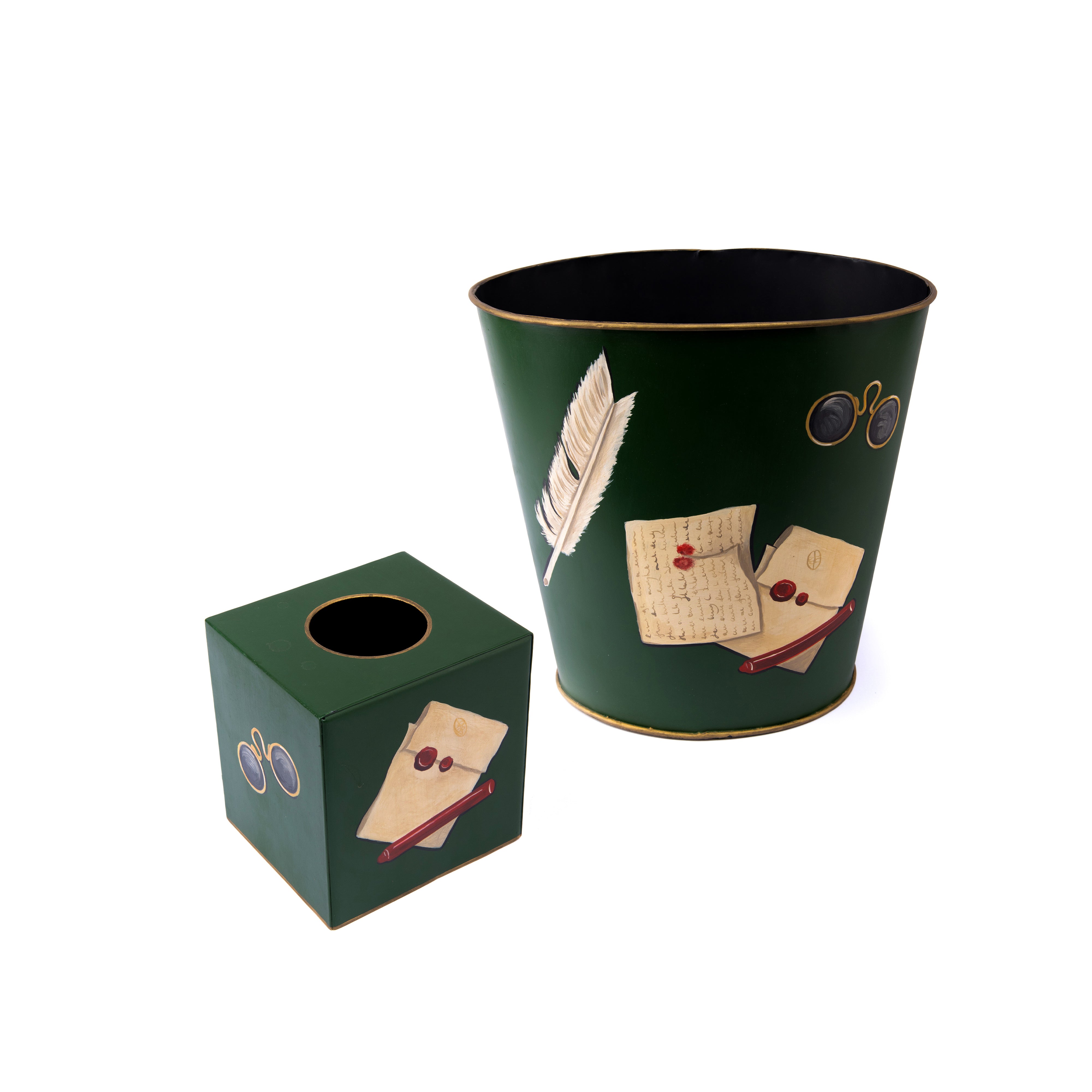 Hugo Russell & Company. A Set of Tissue Box & Wastebasket Featuring Vintage Office Accessories
