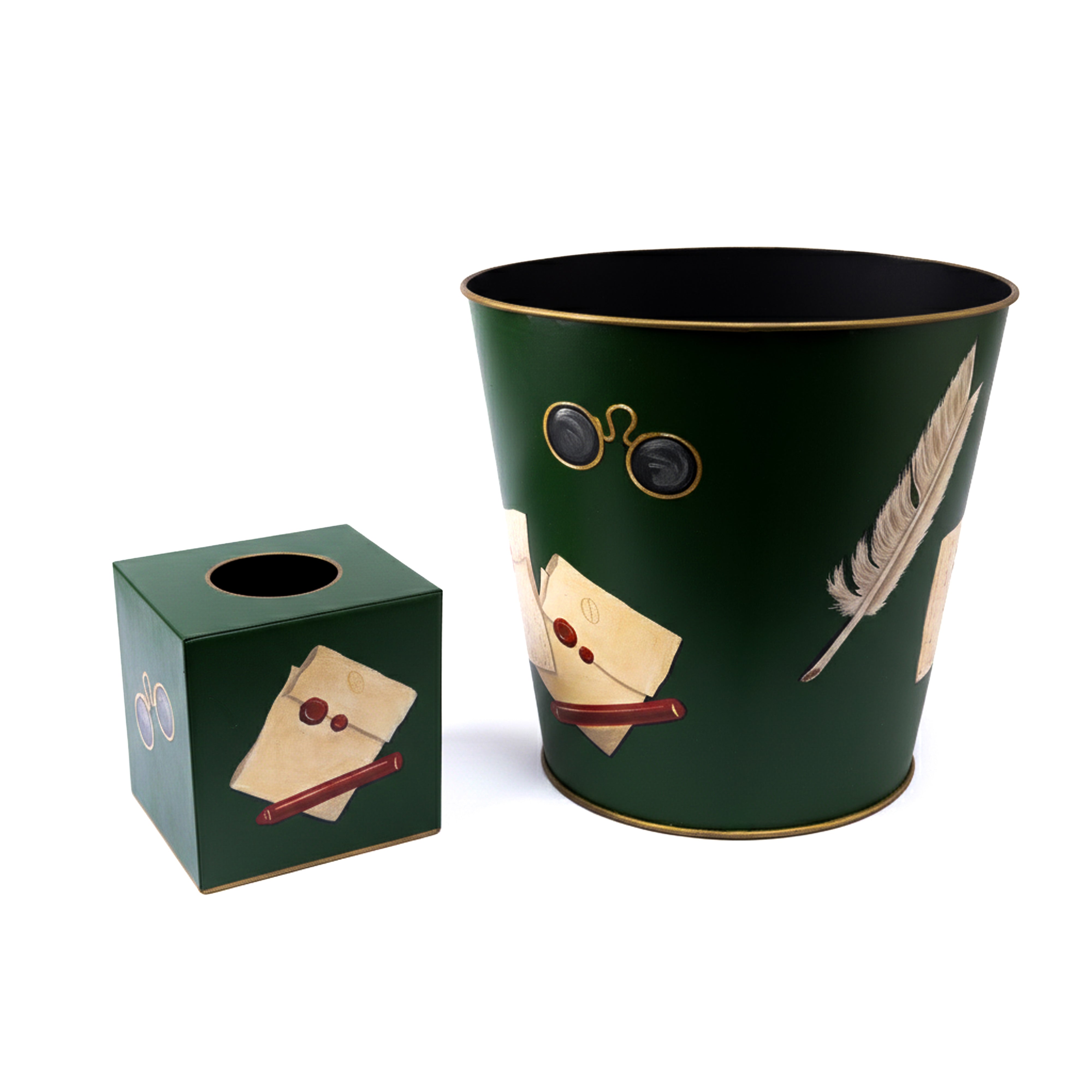 Hugo Russell & Company. A Set of Tissue Box & Wastebasket Featuring Vintage Office Accessories