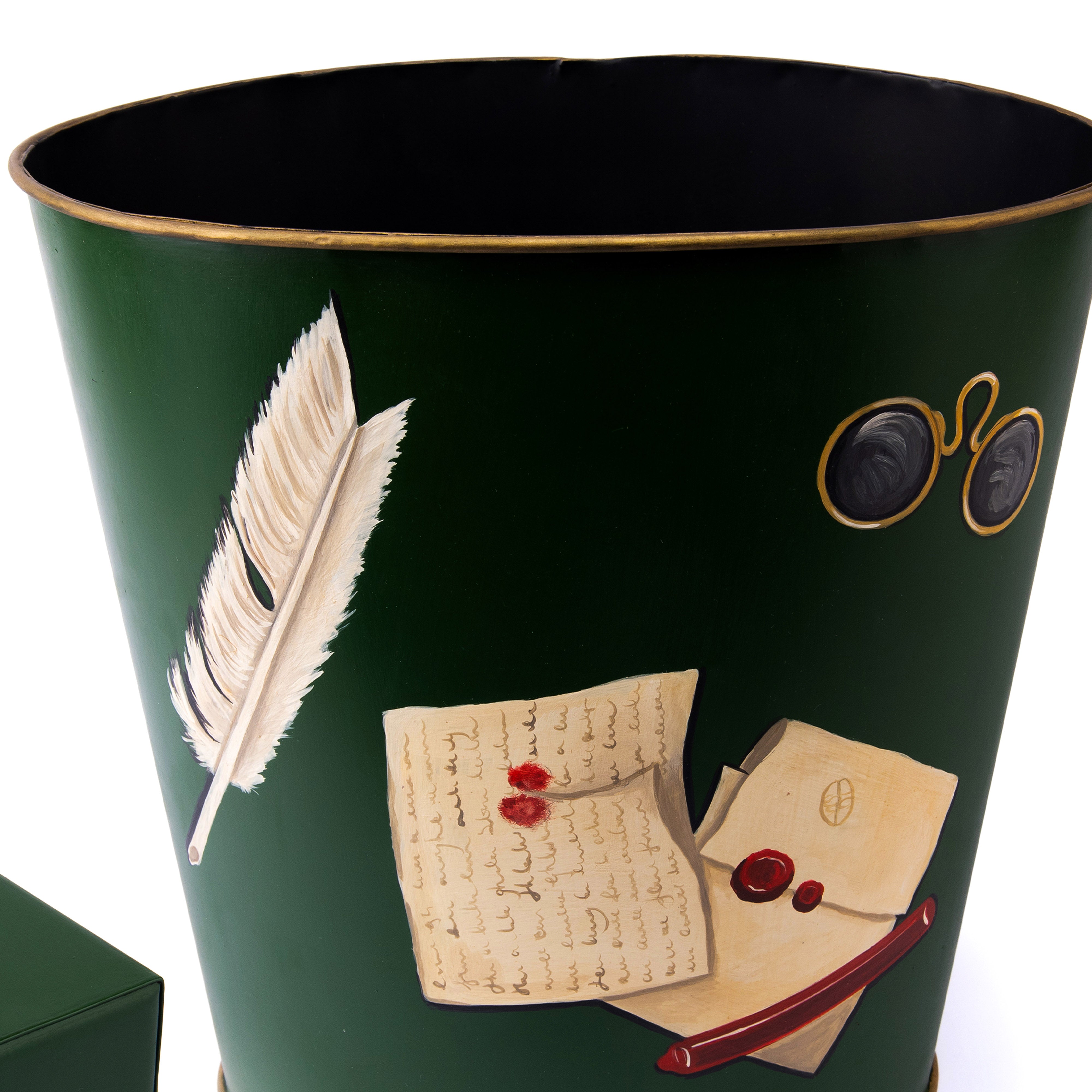 Hugo Russell & Company. A Set of Tissue Box & Wastebasket Featuring Vintage Office Accessories