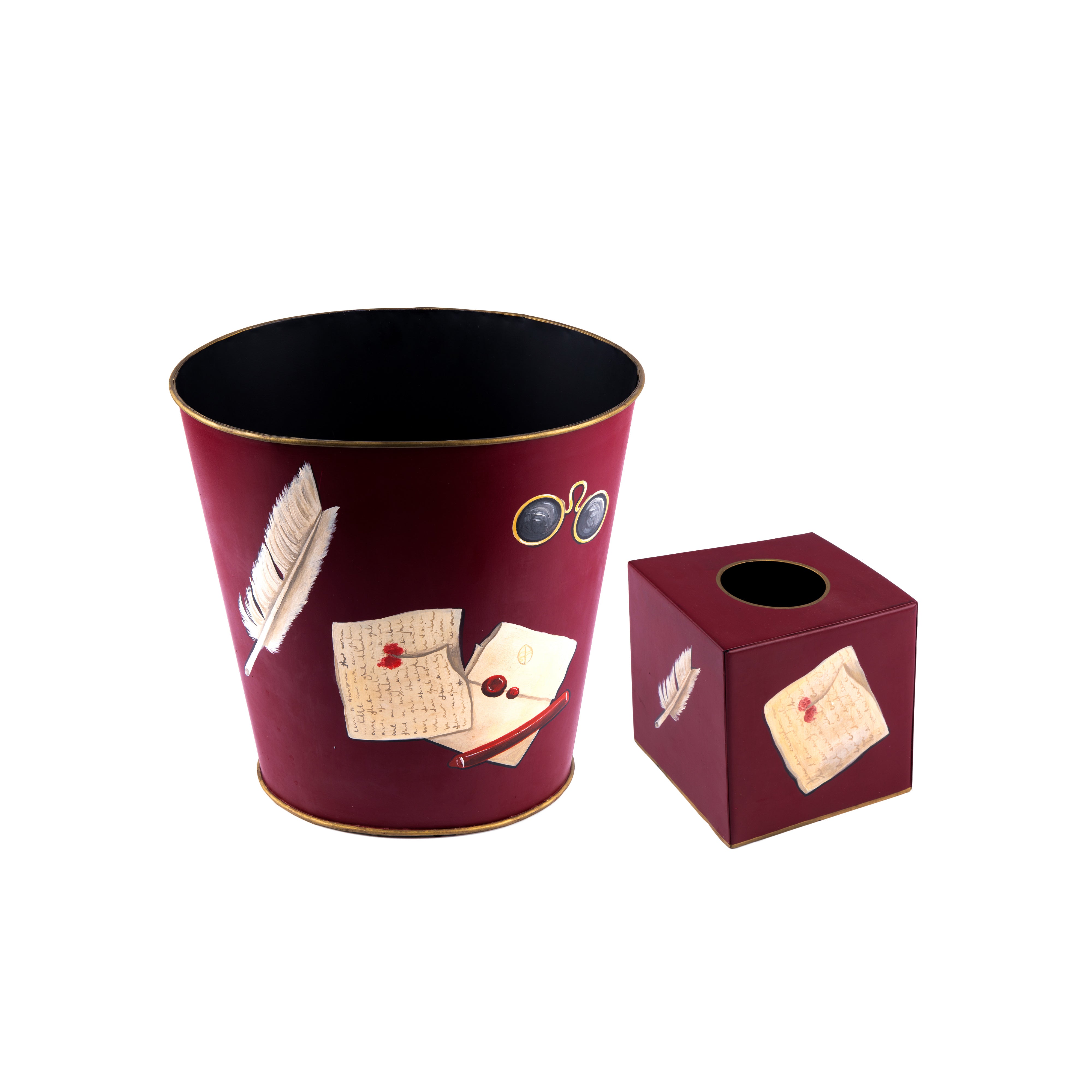 Hugo Russell & Company. A Set of Tissue Box & Wastebasket Featuring Vintage Office Accessories.