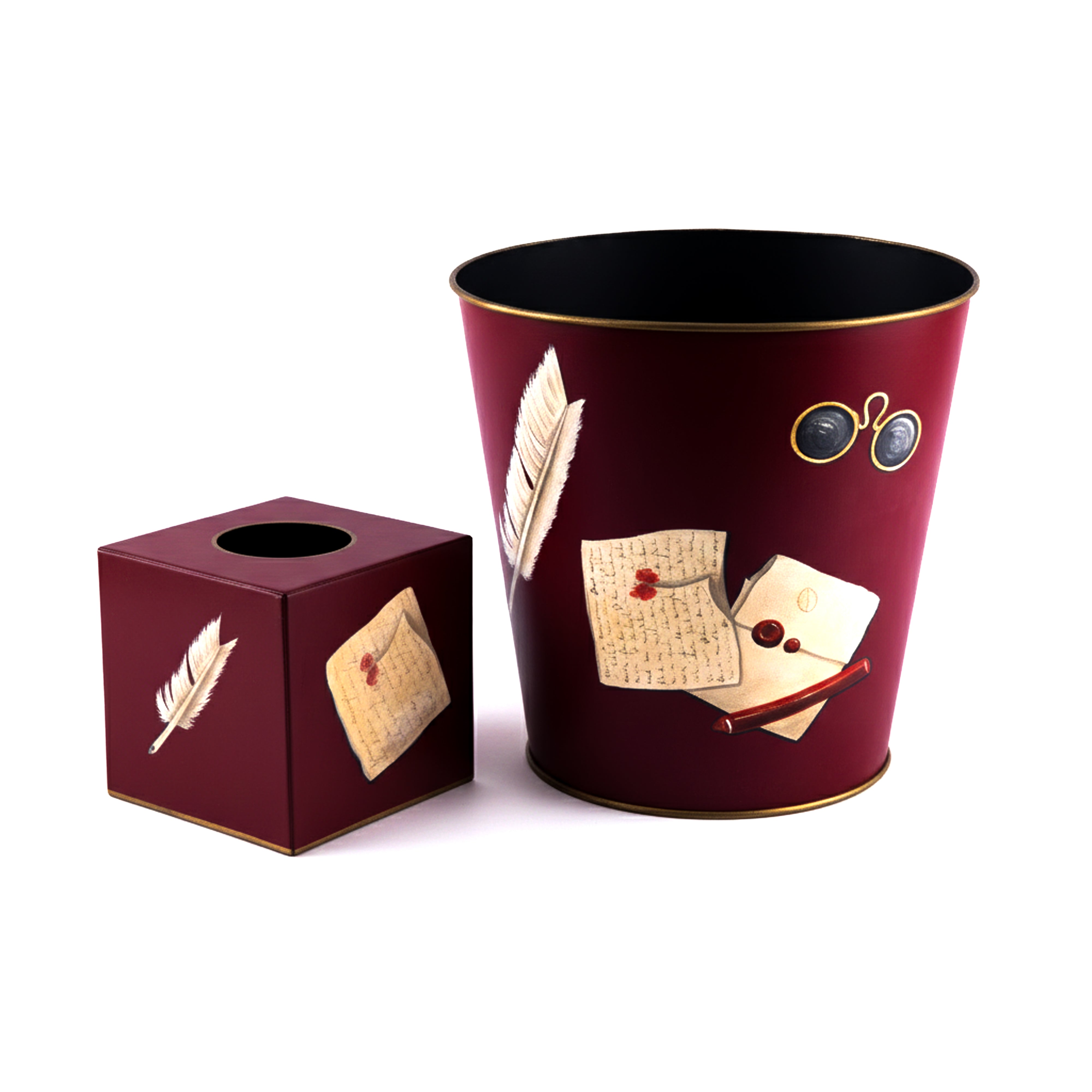 Hugo Russell & Company. A Set of Tissue Box & Wastebasket Featuring Vintage Office Accessories.
