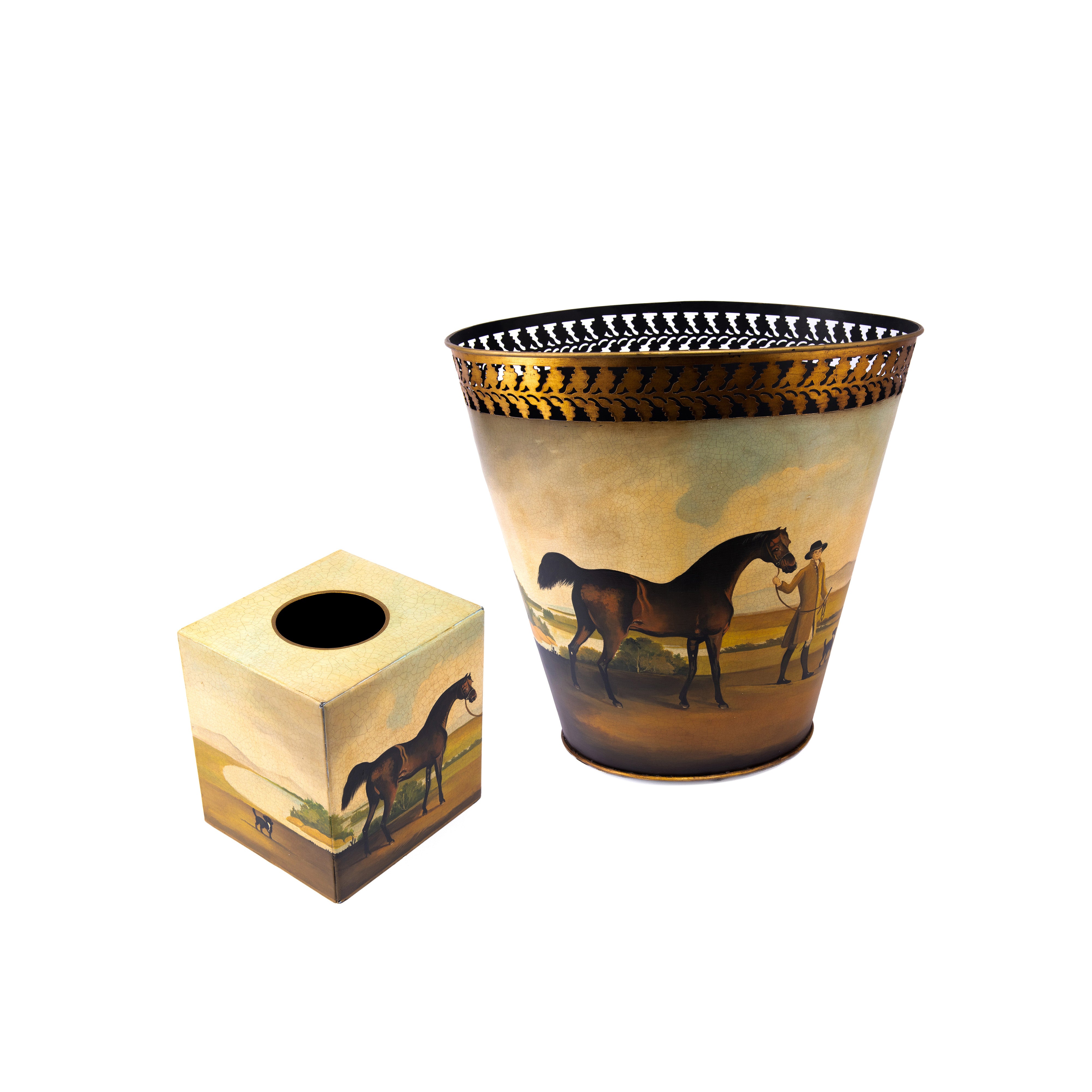 Hugo Russell & Company. A Set of Tissue Box & Wastebasket Featuring A Horse Design