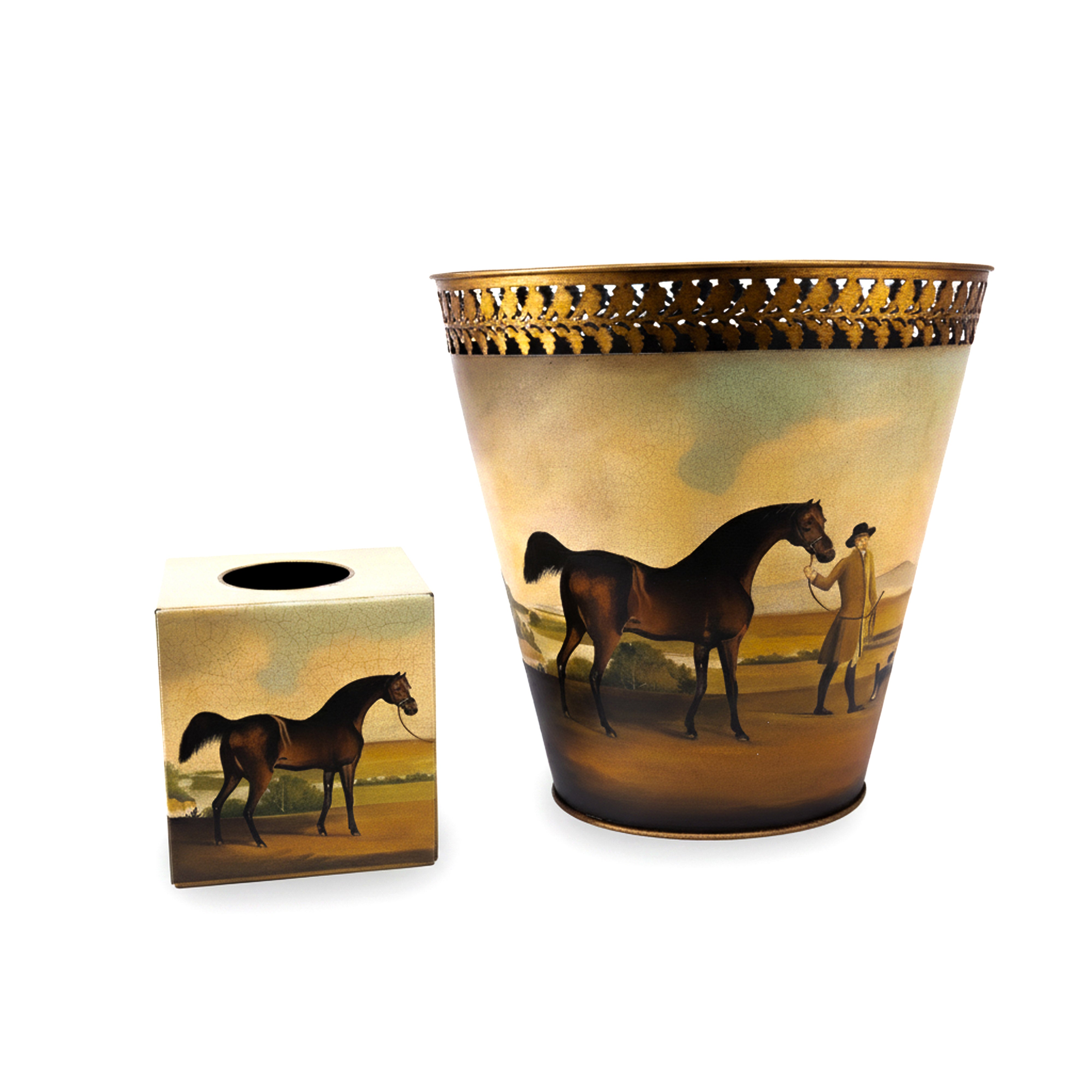 Hugo Russell & Company. A Set of Tissue Box & Wastebasket Featuring A Horse Design