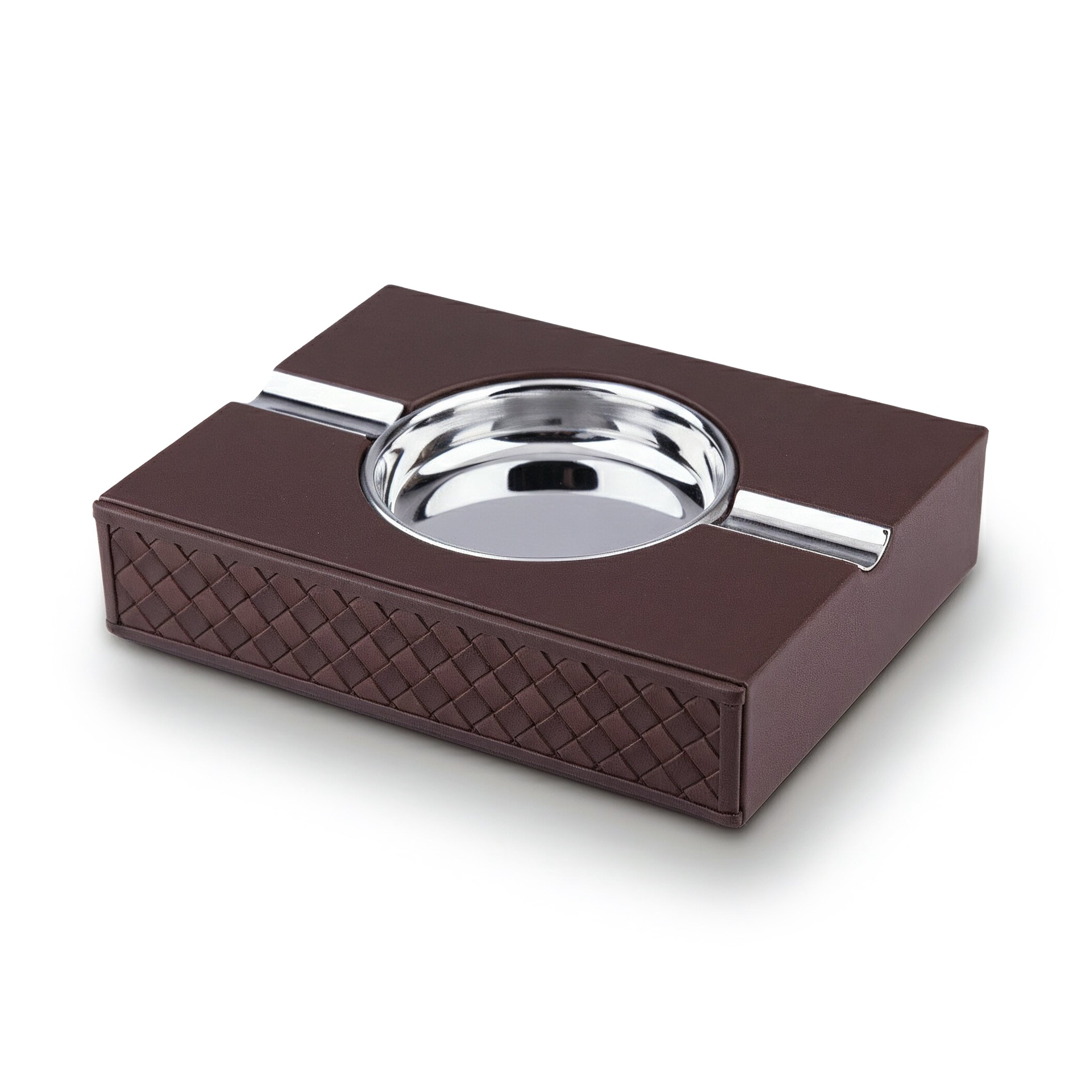 Riviere. Cigar Ashtray in Basketweave Leather. Brown Colour