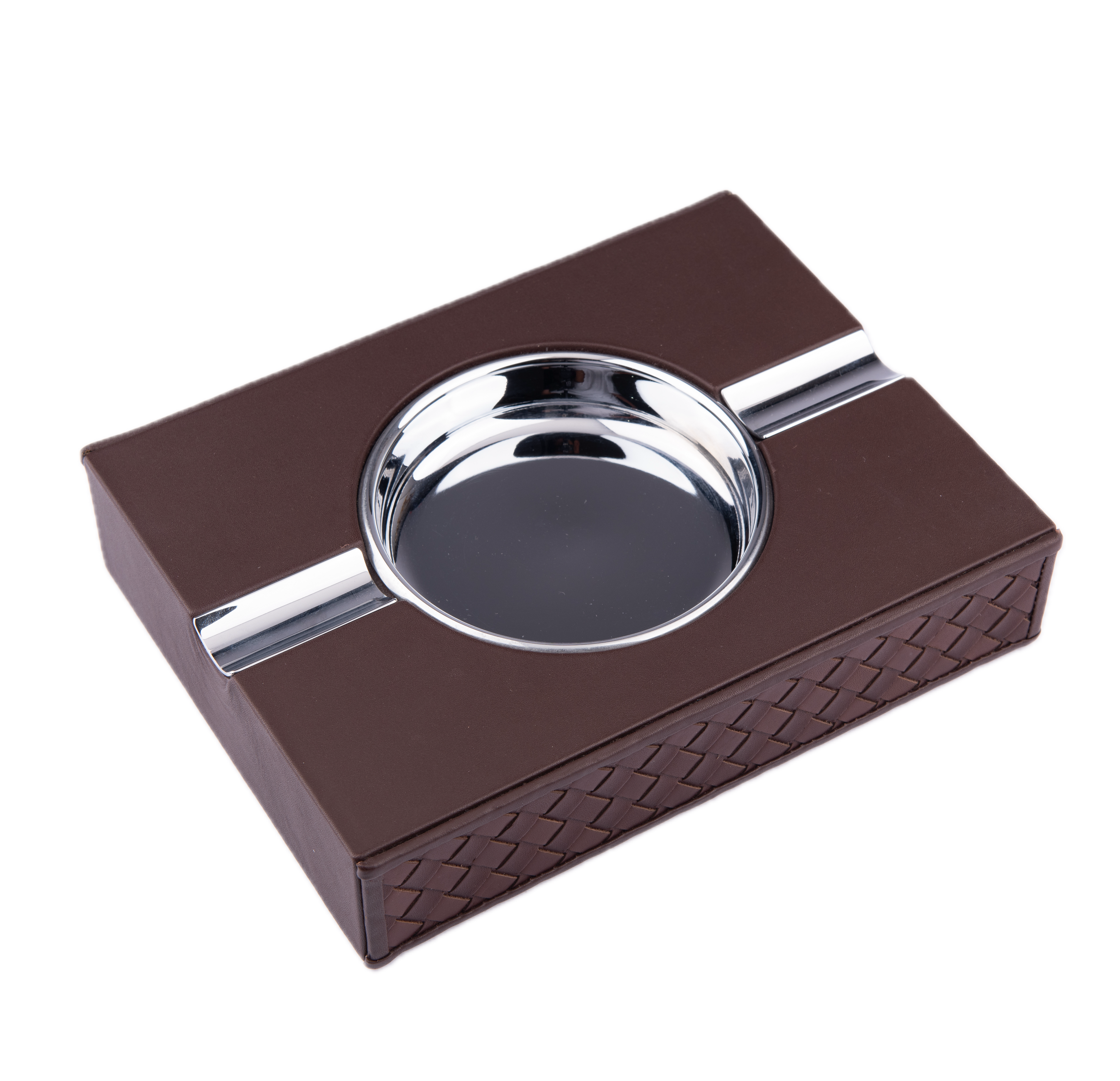 Riviere. Cigar Ashtray in Basketweave Leather. Brown Colour