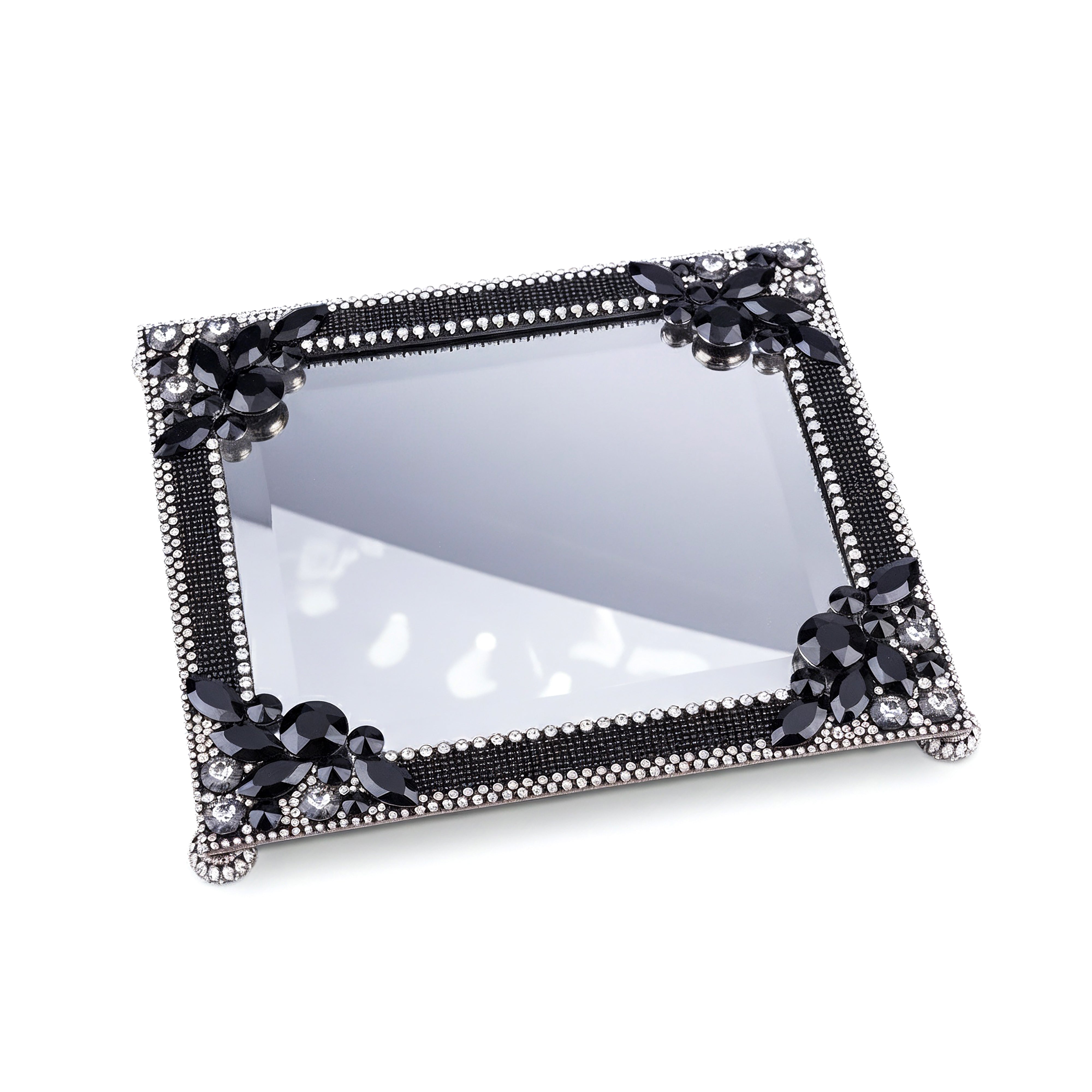 Thorson Hosier. Laurel Black Mirror Tray Studded with Swarovski Crystals