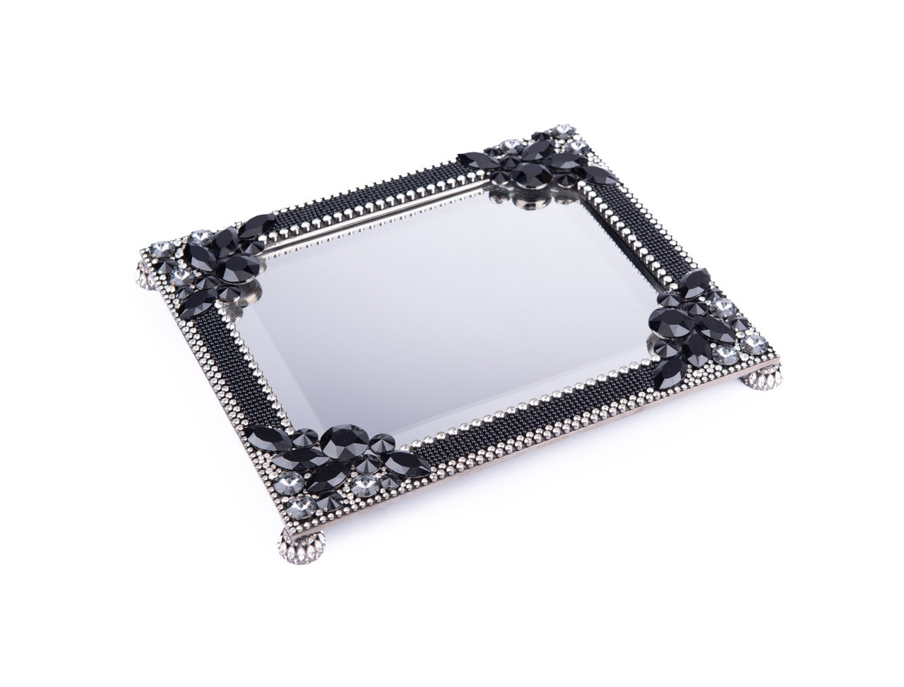 Thorson Hosier. Laurel Black Mirror Tray Studded with Swarovski Crystals