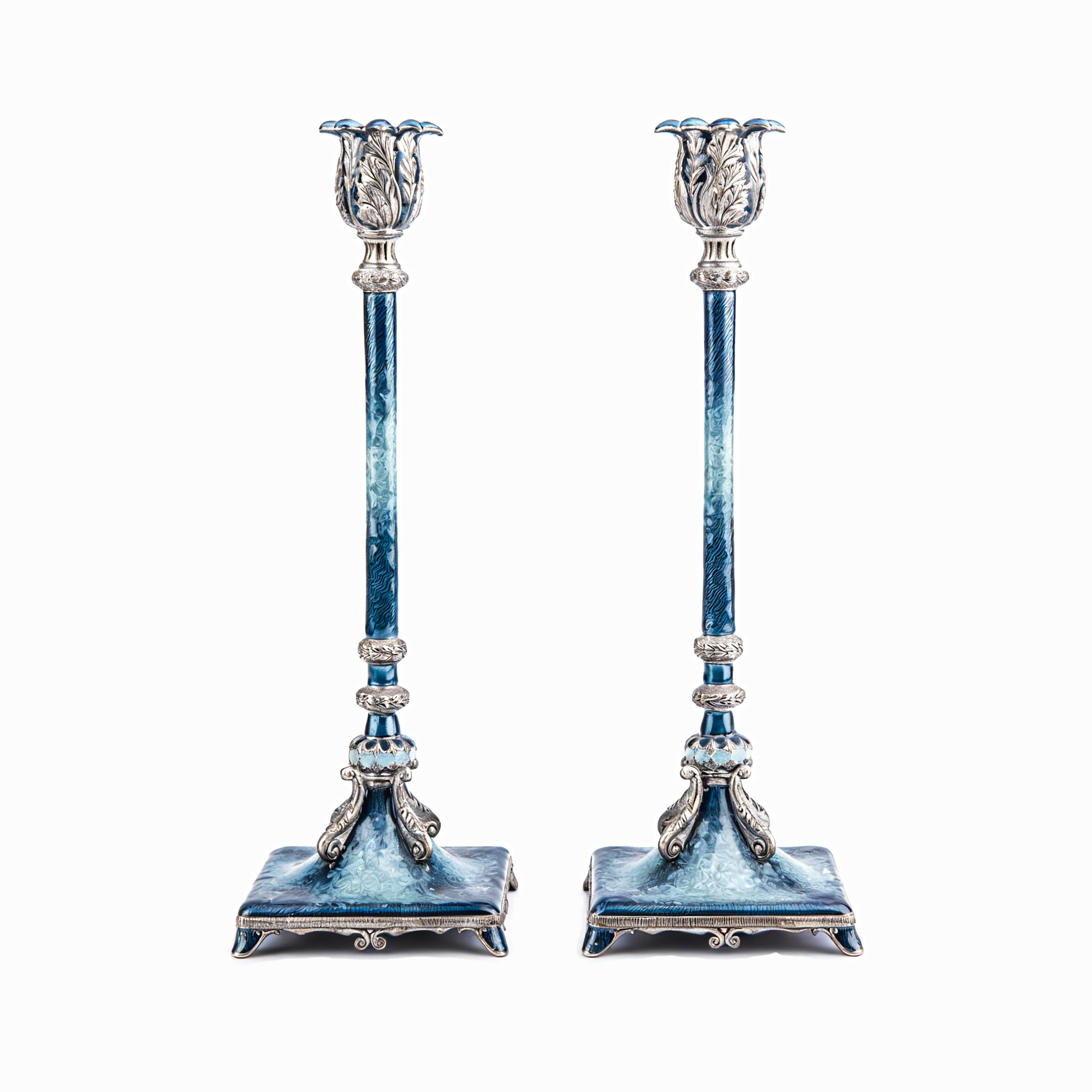 Quest Gifts & Design. A Pair of Blue Silver Baroque Candle Holders