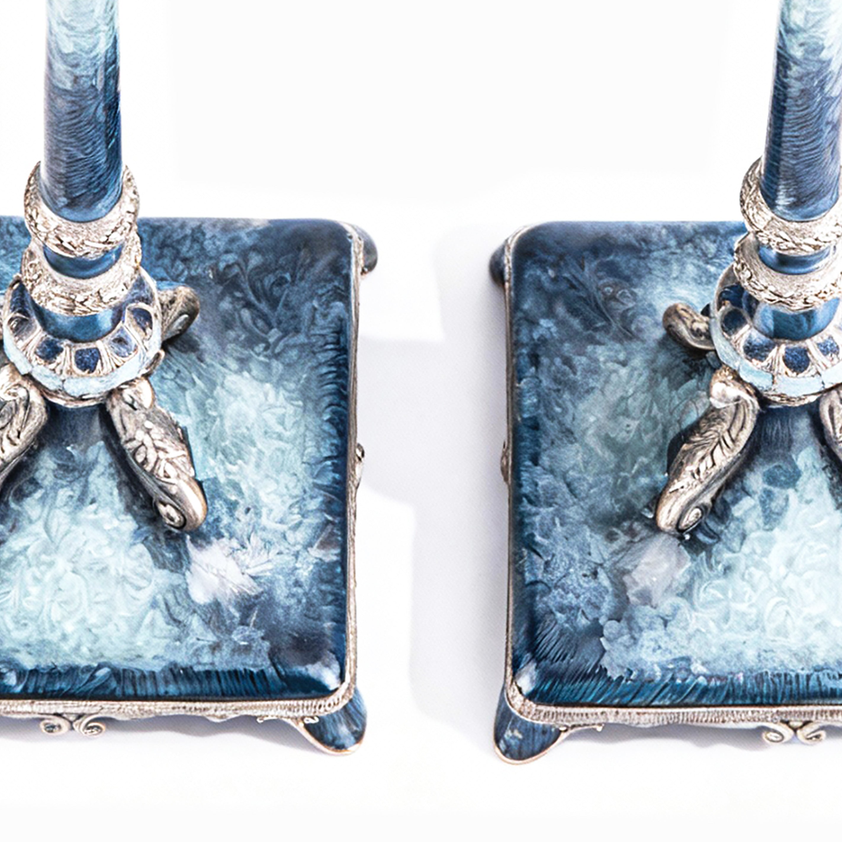 Quest Gifts & Design. A Pair of Blue Silver Baroque Candle Holders
