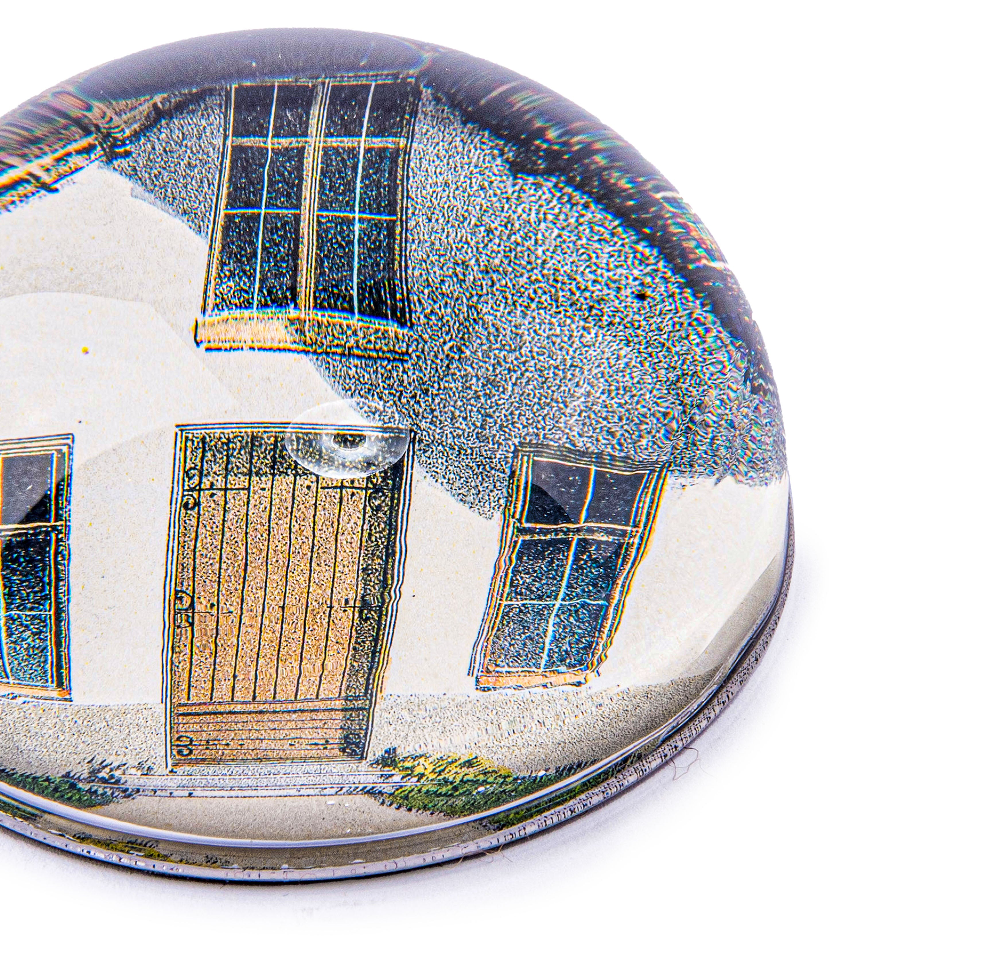 John Derian. Dome Paperweight with House Illustration