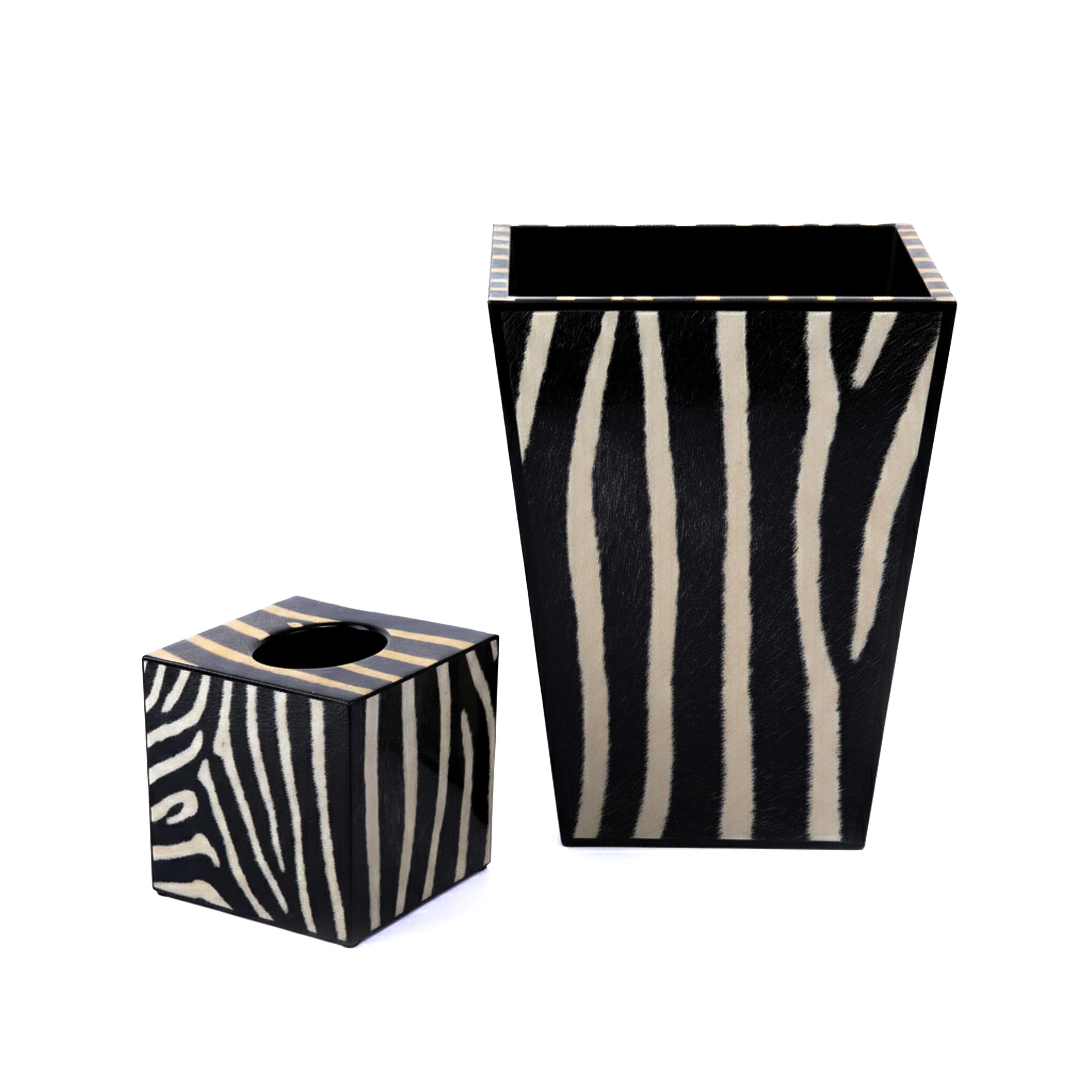 Annie Modica. Set of Wastebasket & Tissue Box in Zebra Print