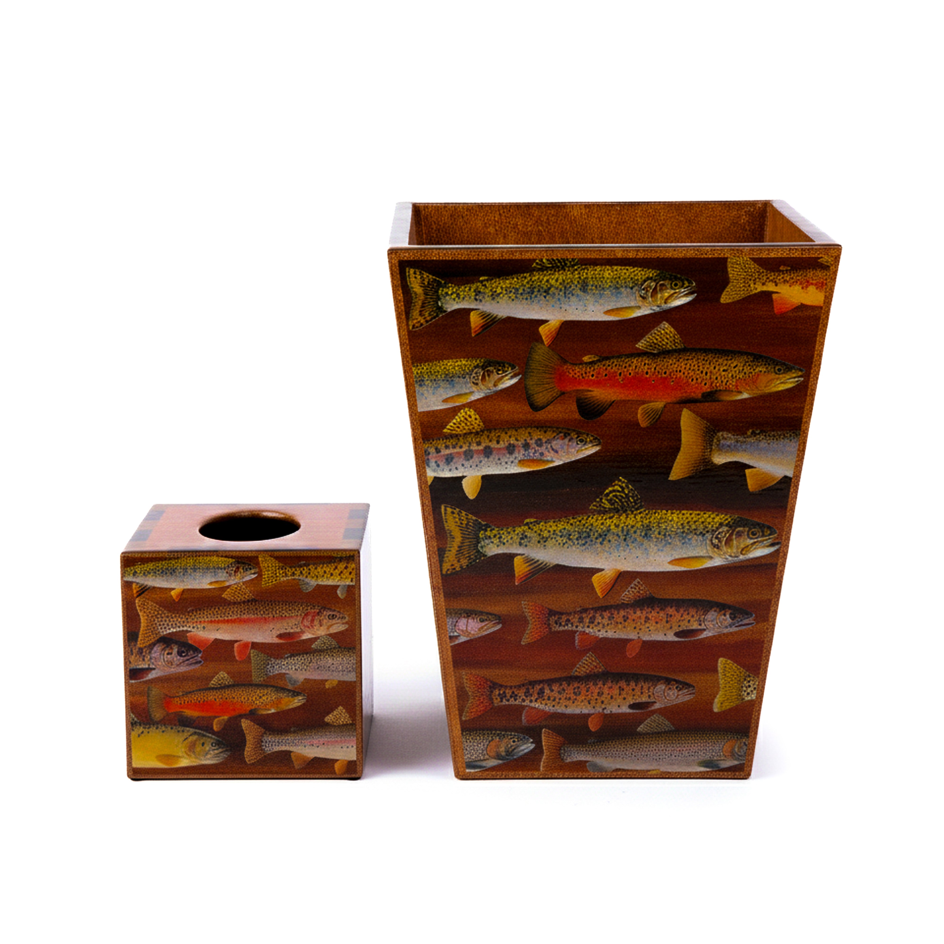 Annie Modica. Set of Wastebasket & Tissue Box Featuring Fish Design
