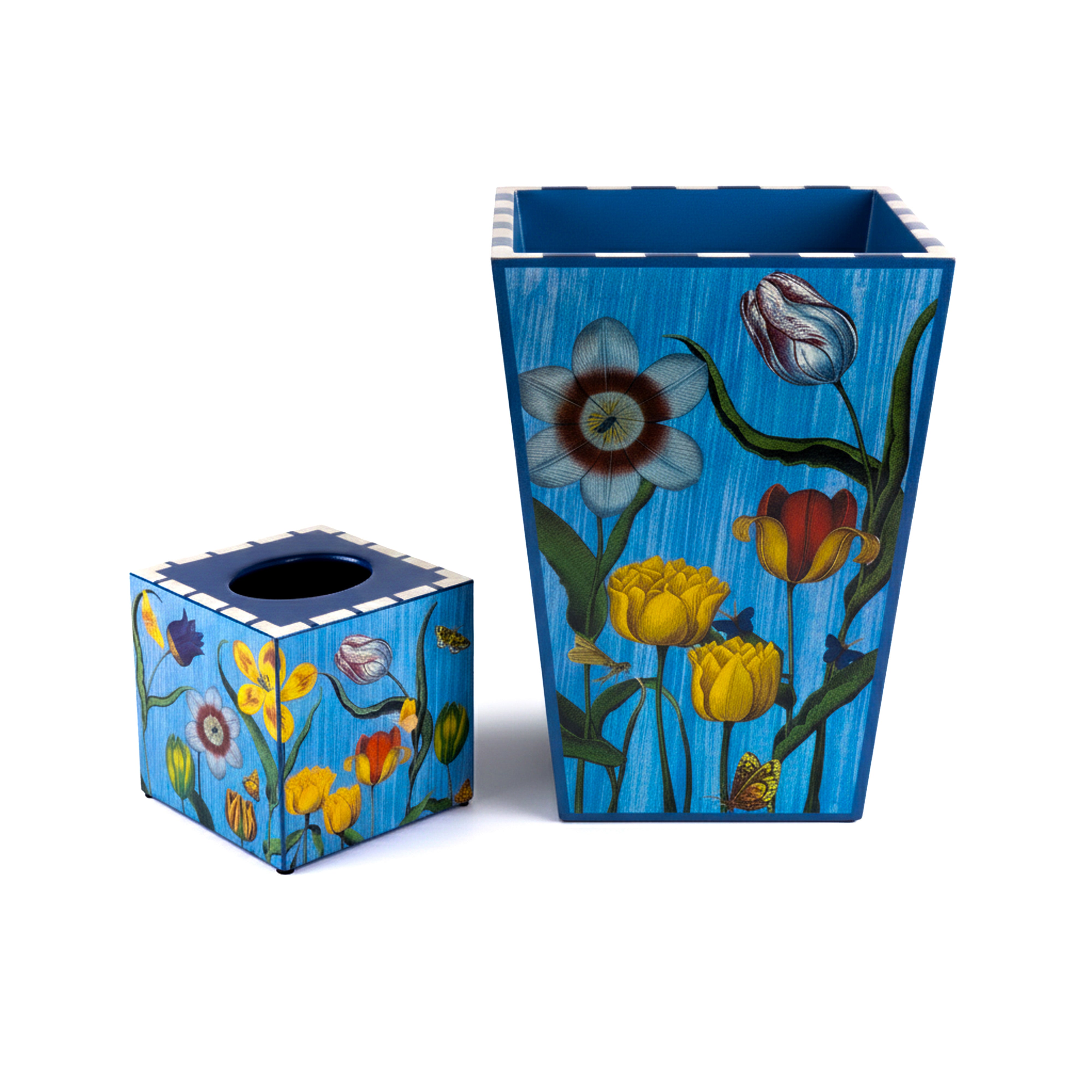 Annie Modica. Set of Wastebasket & Tissue Box in Blue Floral Print