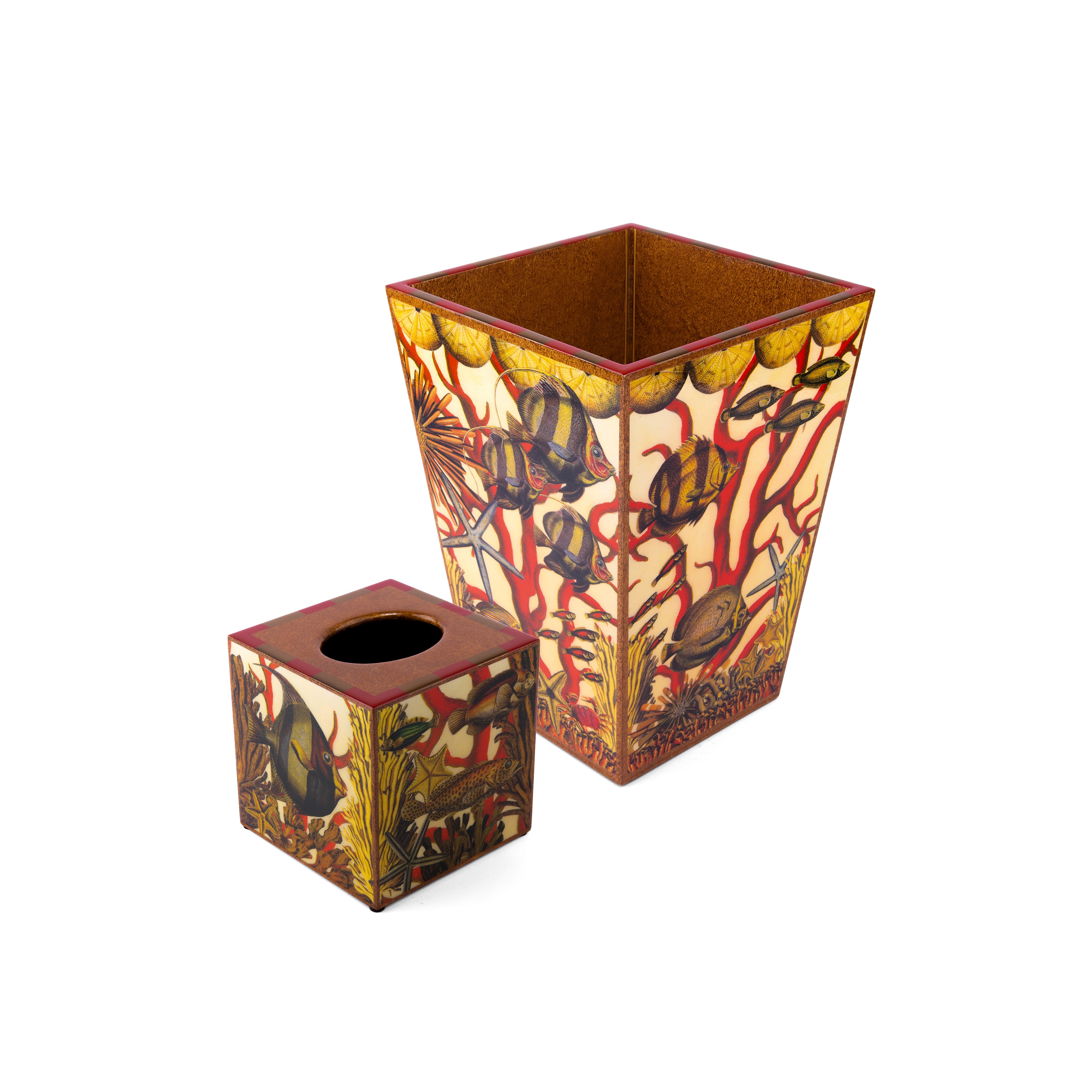 Annie Modica.Set of Wastebasket & Tissue Box Designed with Aquatic Print