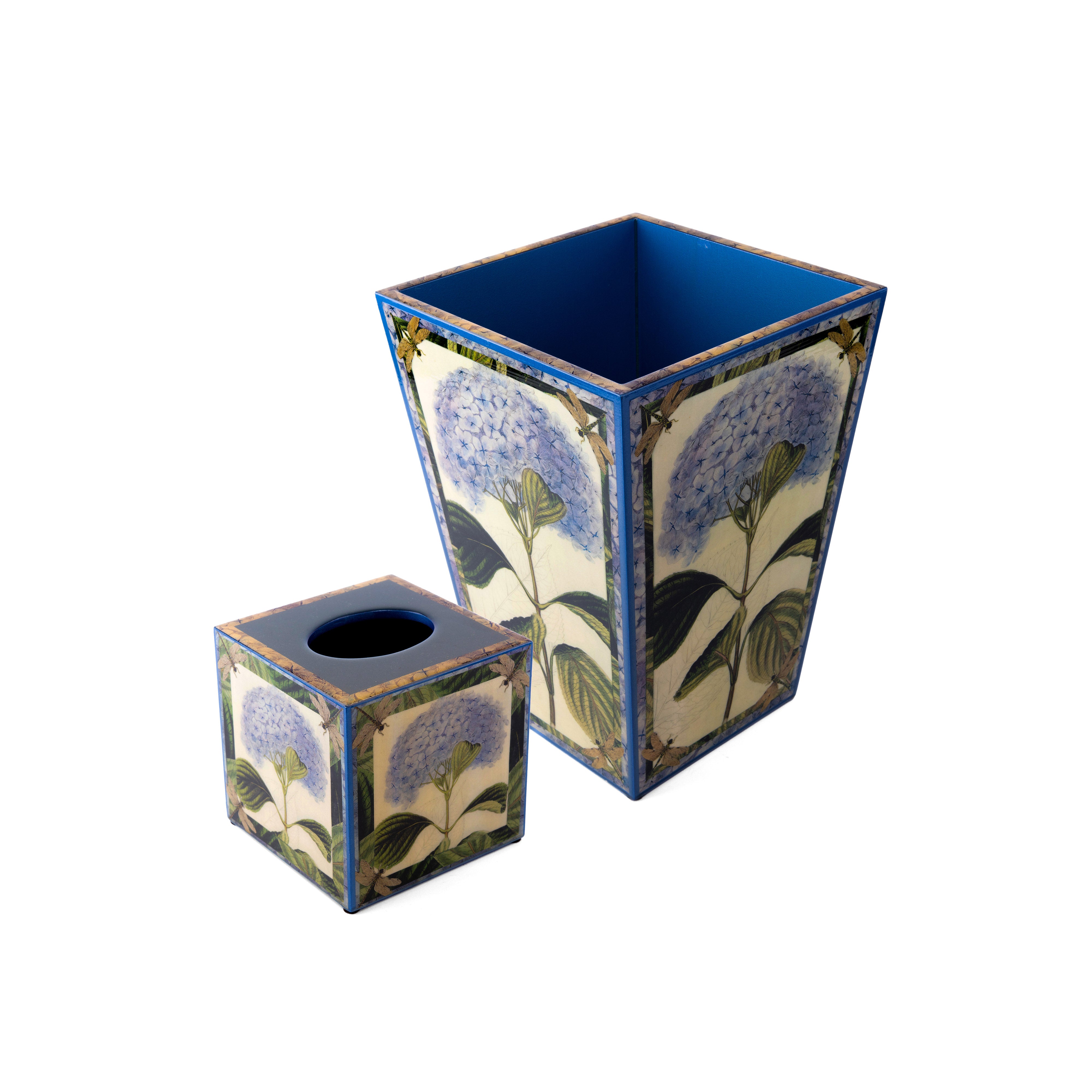 Annie Modica. Set of Wastebasket & Tissue Box Designed with Blue Hydrangea