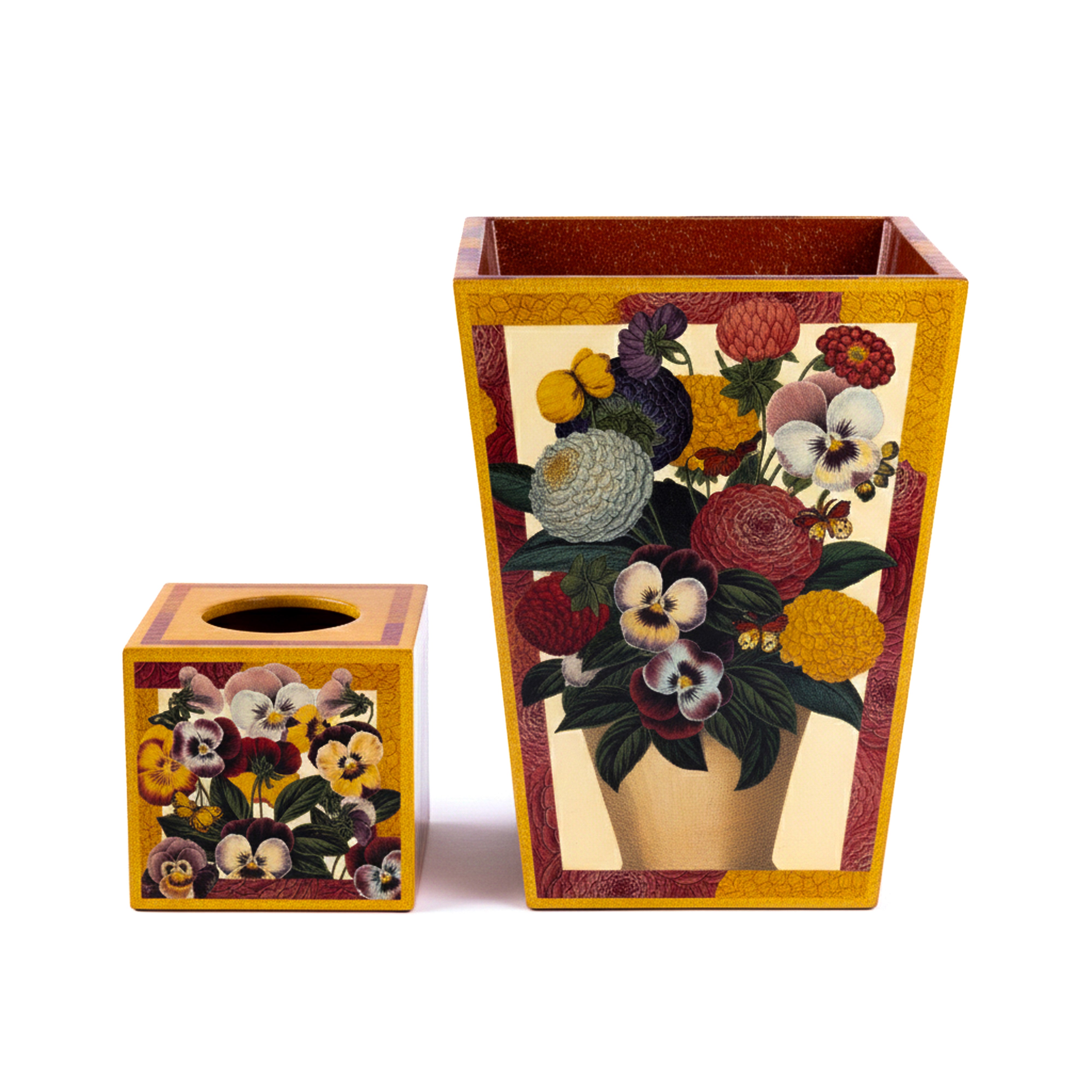 Annie Modica. Set of Floral Wastebasket & Tissue Box