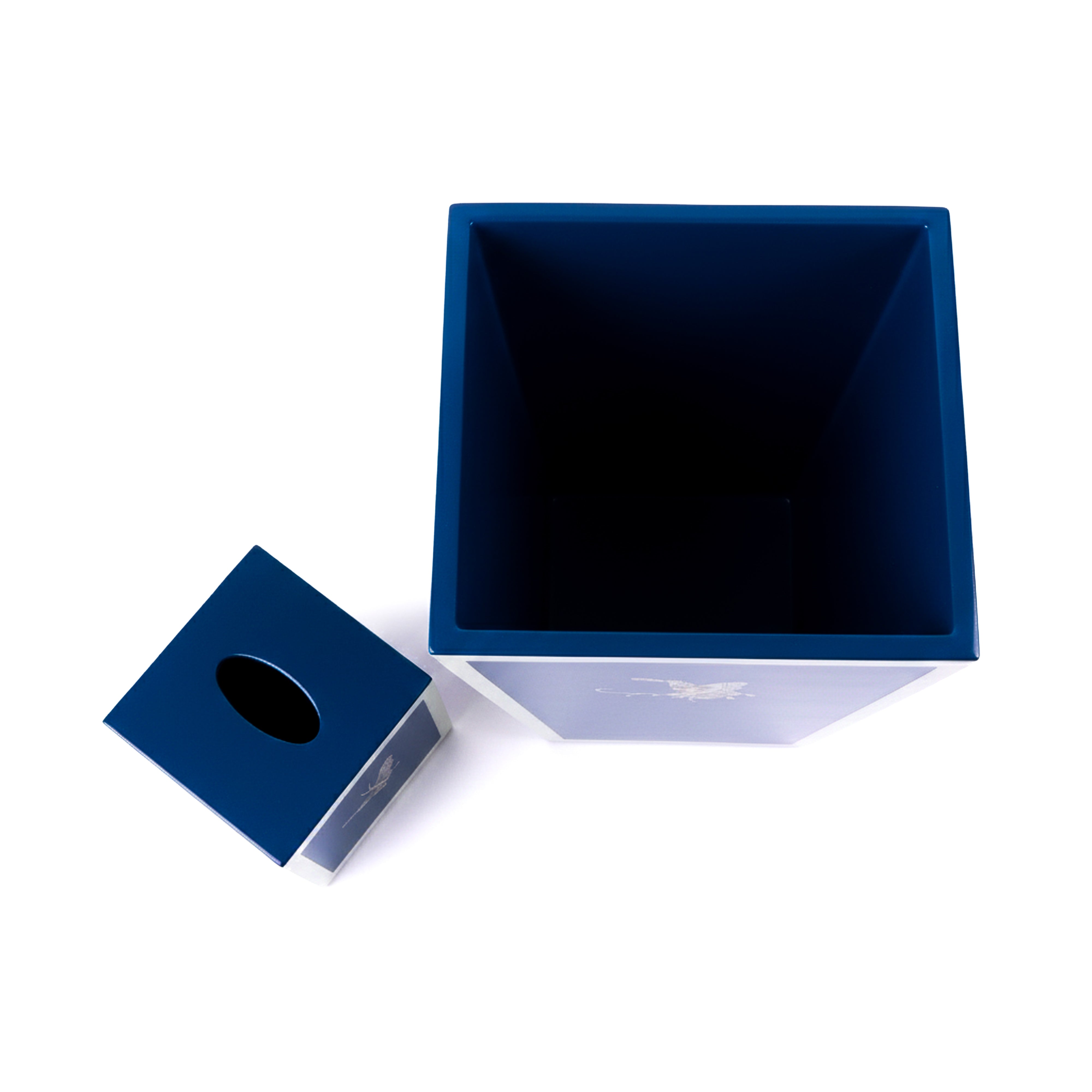 Pacific Connections. A Set of Wastebasket & Tissue Box in Blue with White Trim