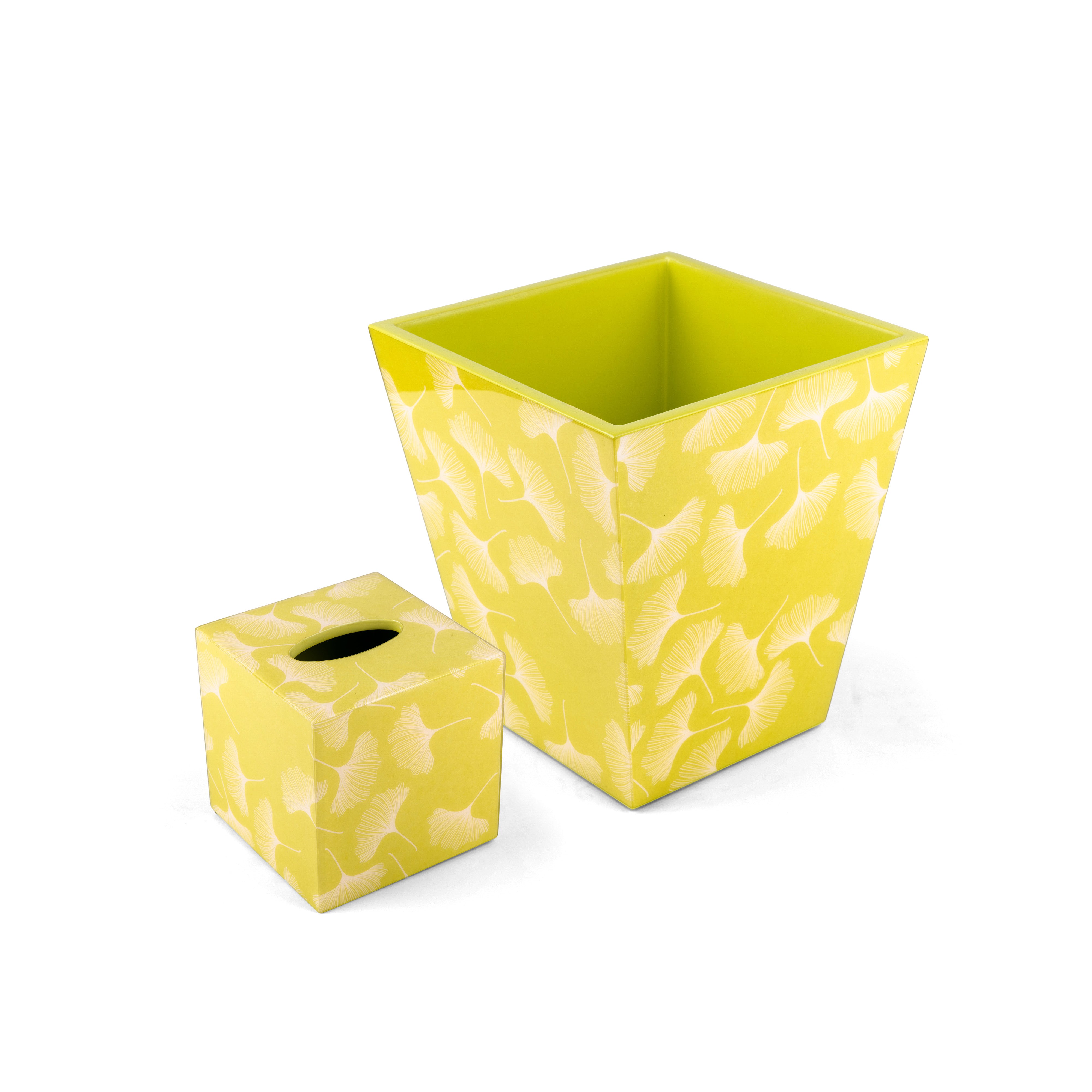 Pacific Connections. A Set of Wastebasket & Tissue Box in Lemon Green
