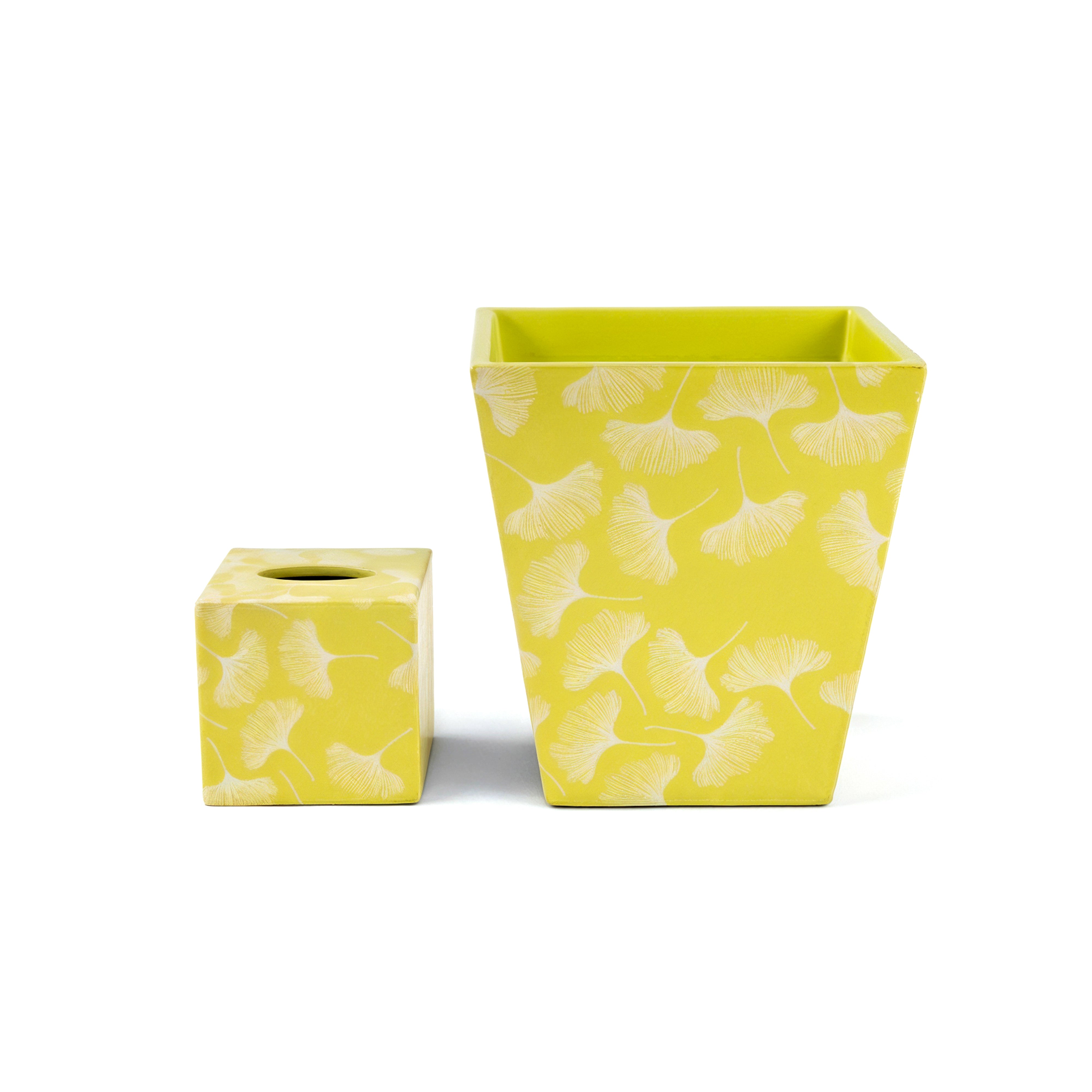 Pacific Connections. A Set of Wastebasket & Tissue Box in Lemon Green