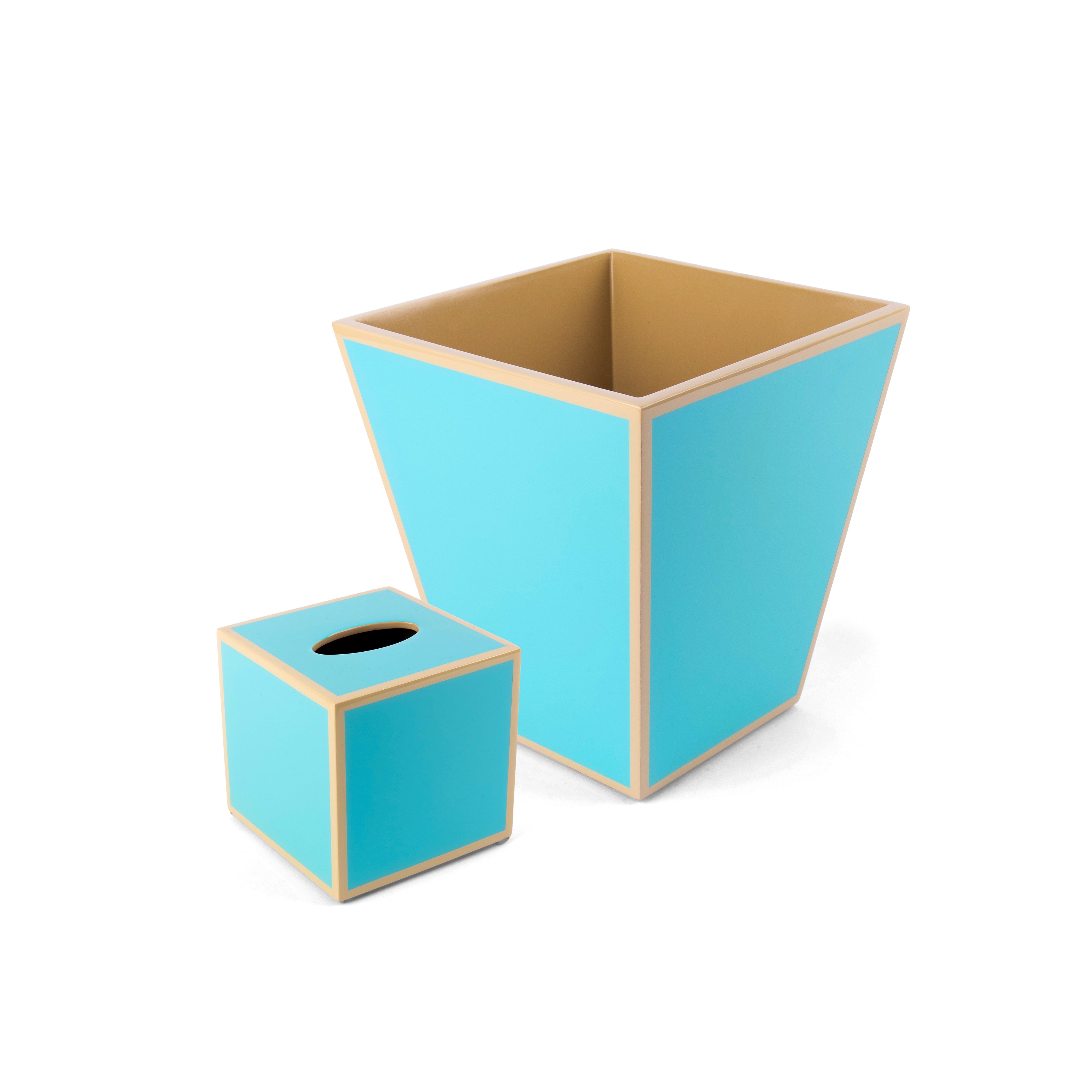 Pacific Connections. A Set of Wastebasket & Tissue Box in Baby Blue with Beige Trim