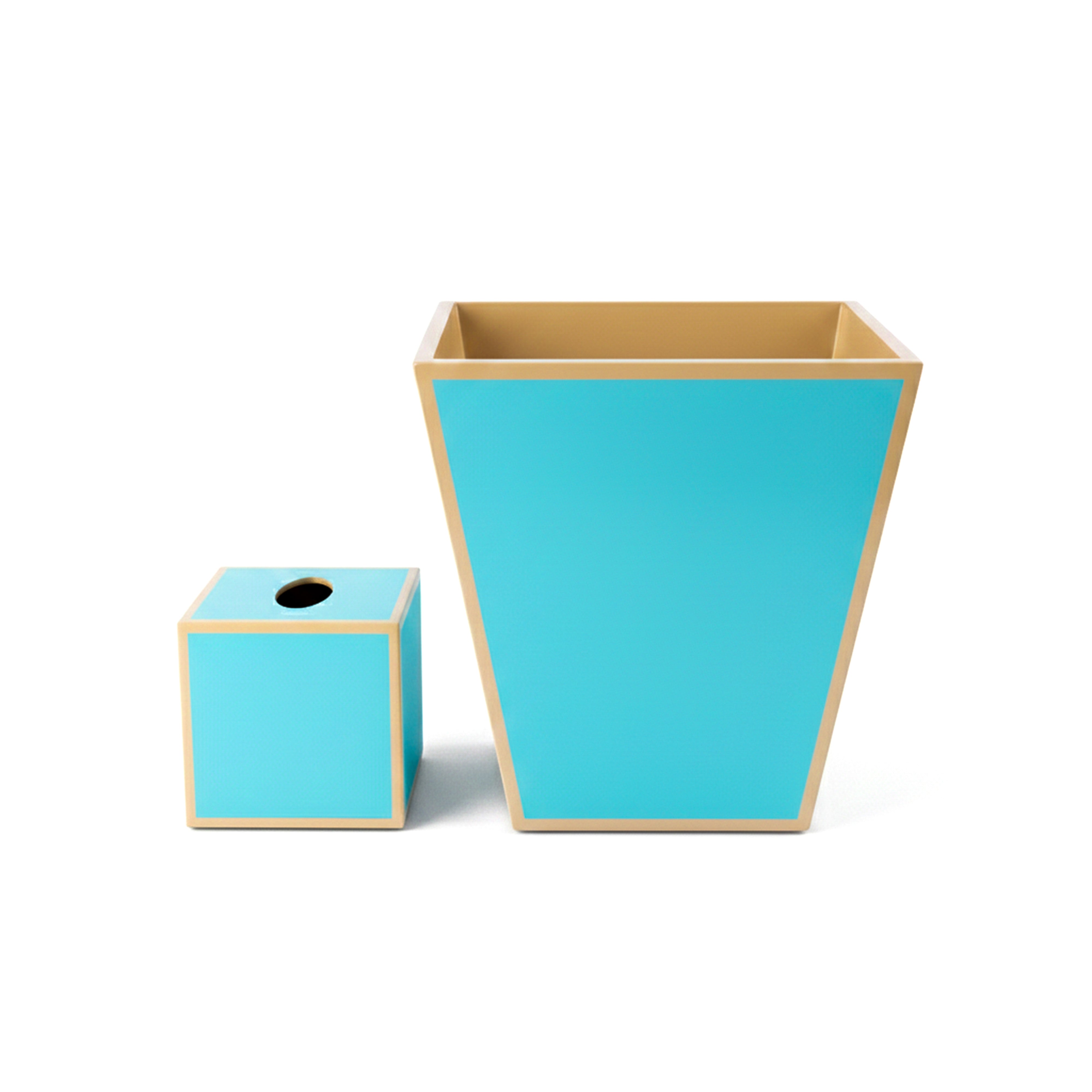 Pacific Connections. A Set of Wastebasket & Tissue Box in Baby Blue with Beige Trim