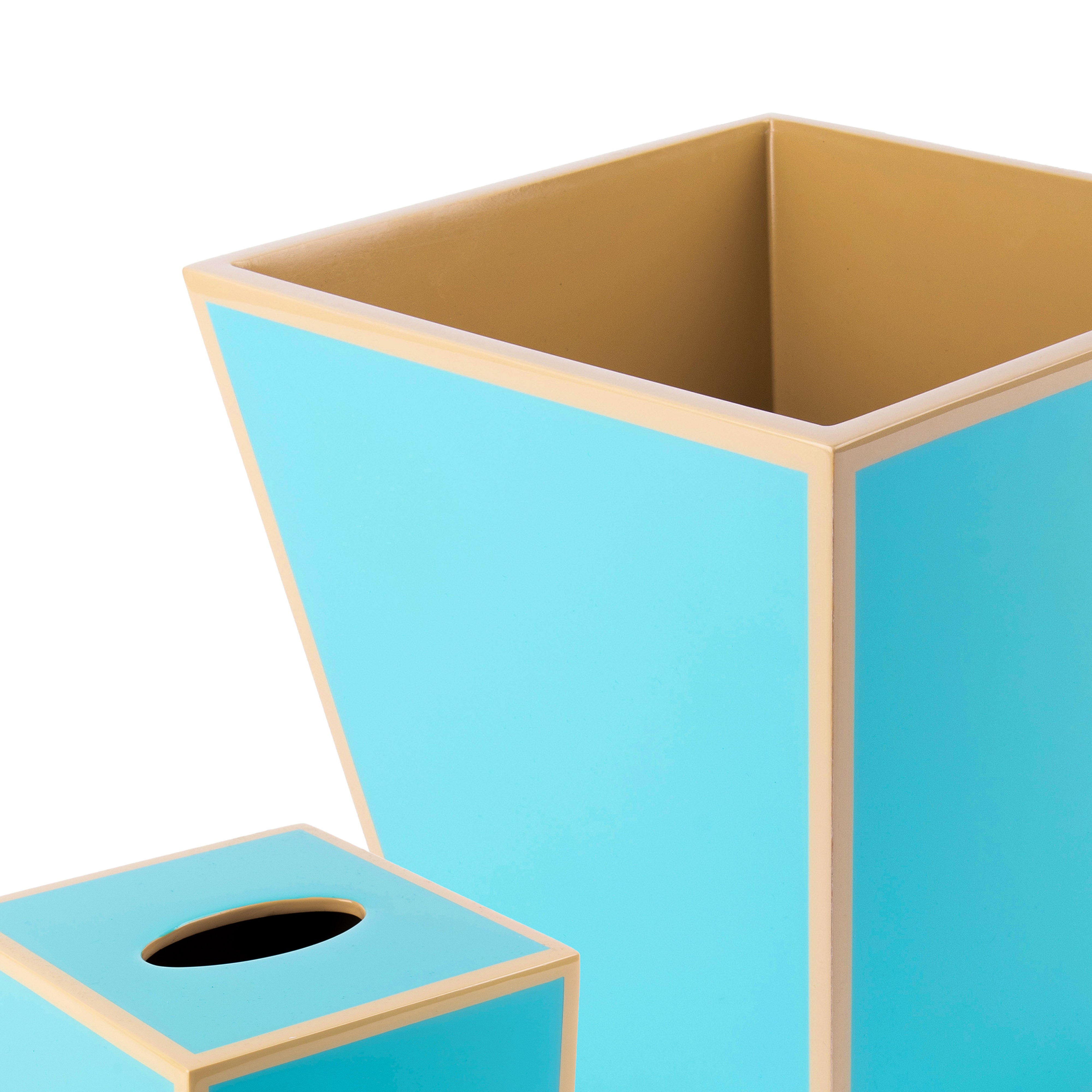 Pacific Connections. A Set of Wastebasket & Tissue Box in Baby Blue with Beige Trim