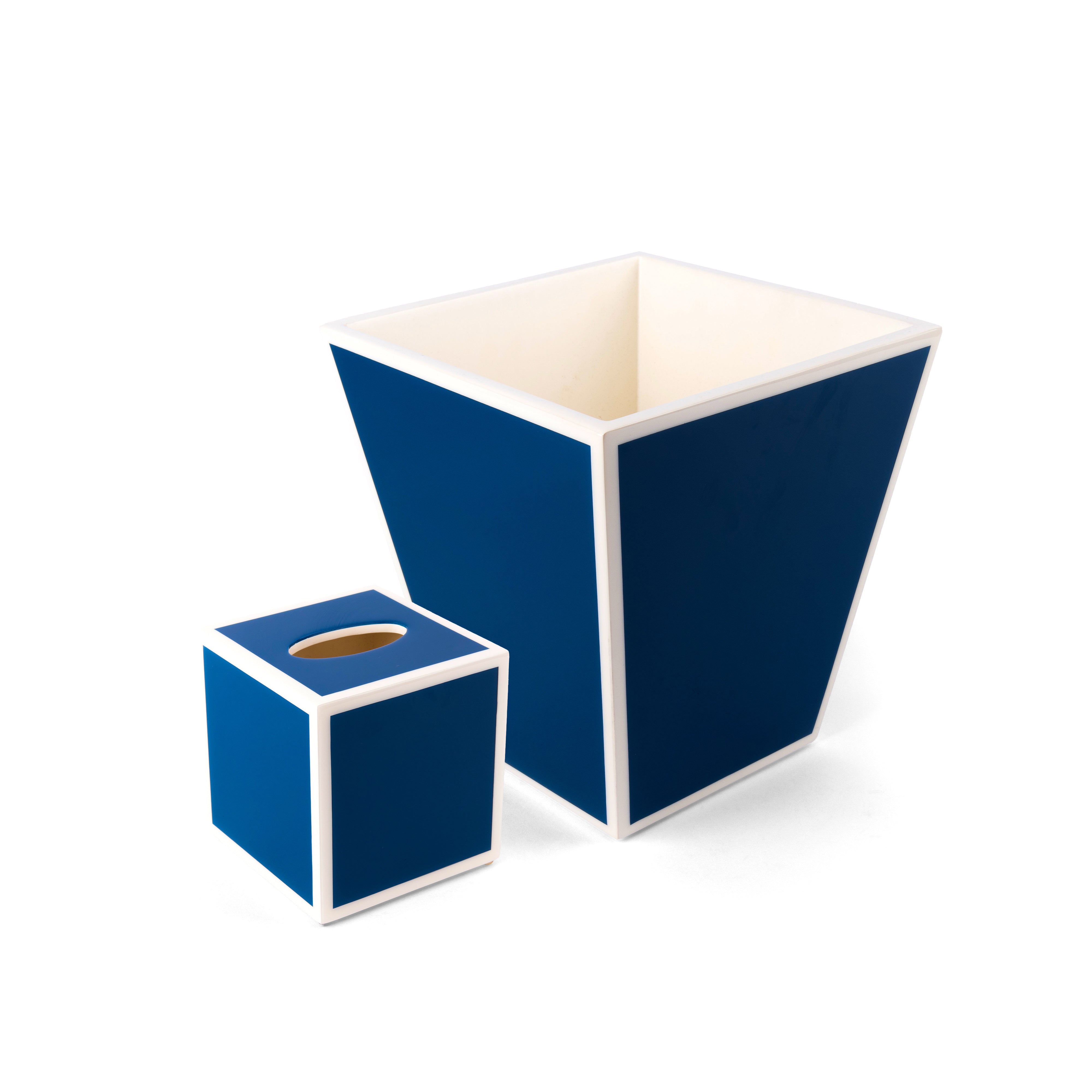 Pacific Connections. A Set of Wastebasket & Tissue Box in Blue with White Trim