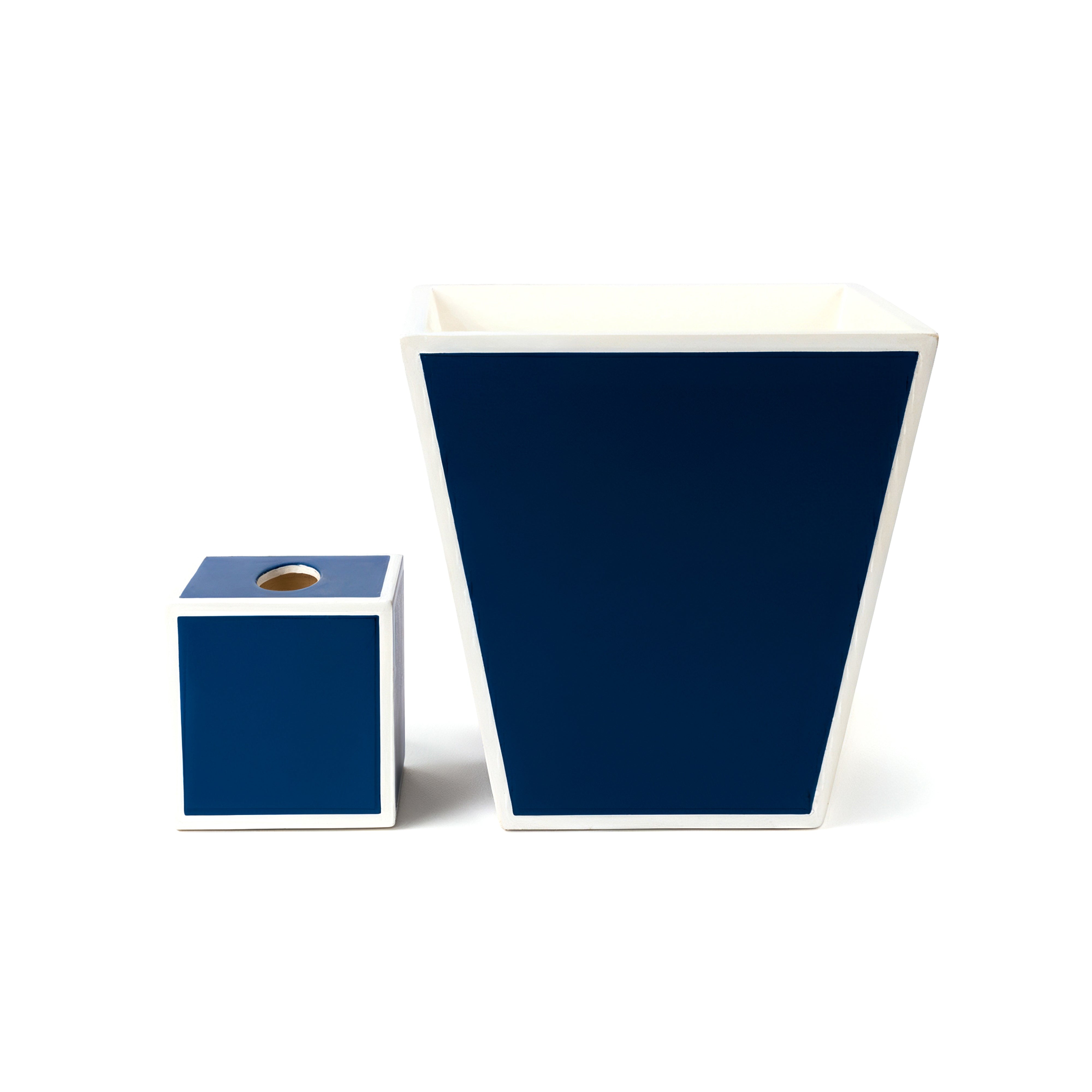 Pacific Connections. A Set of Wastebasket & Tissue Box in Blue with White Trim