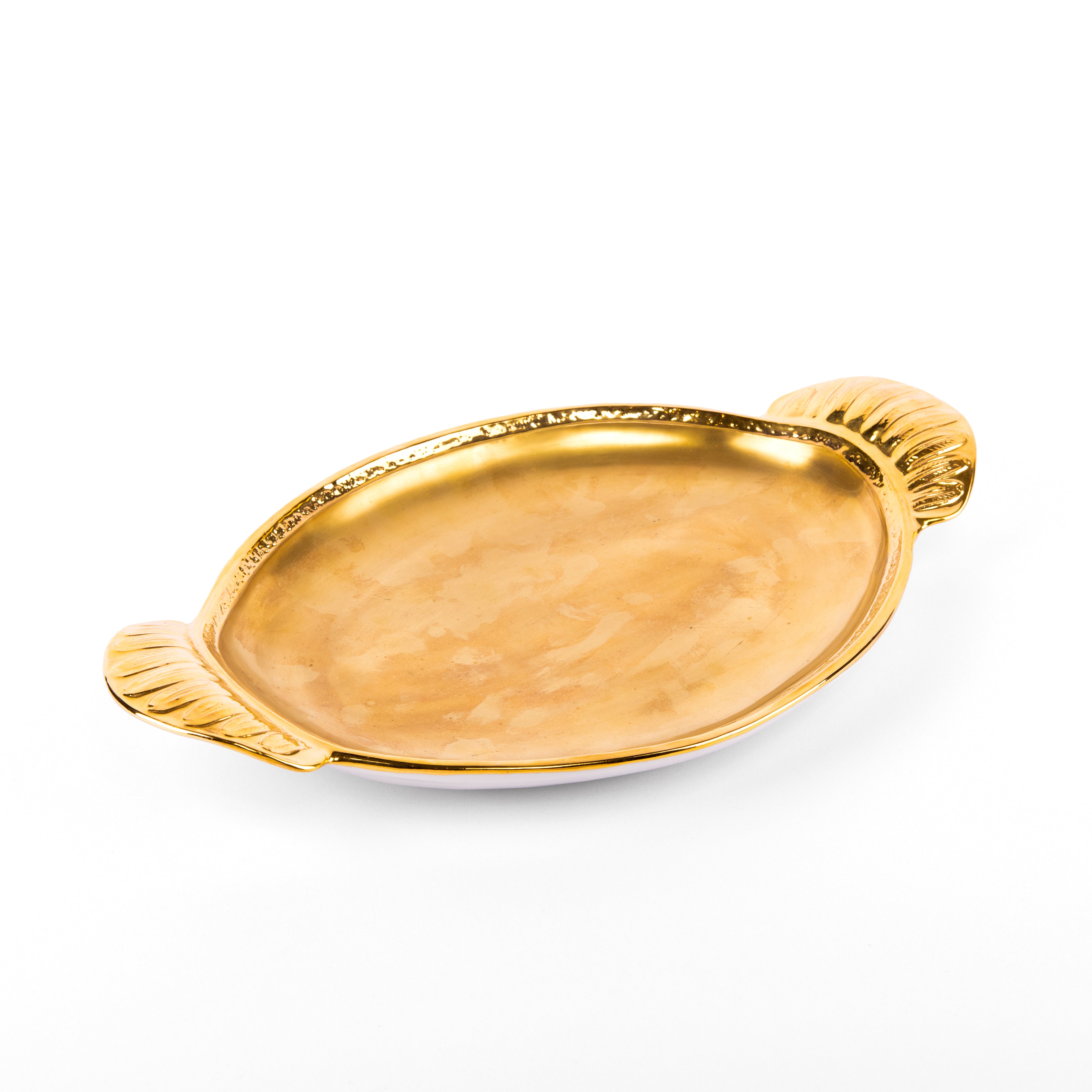 Villari. Oval Golden Tray with Feathers Design Handles. Large Size