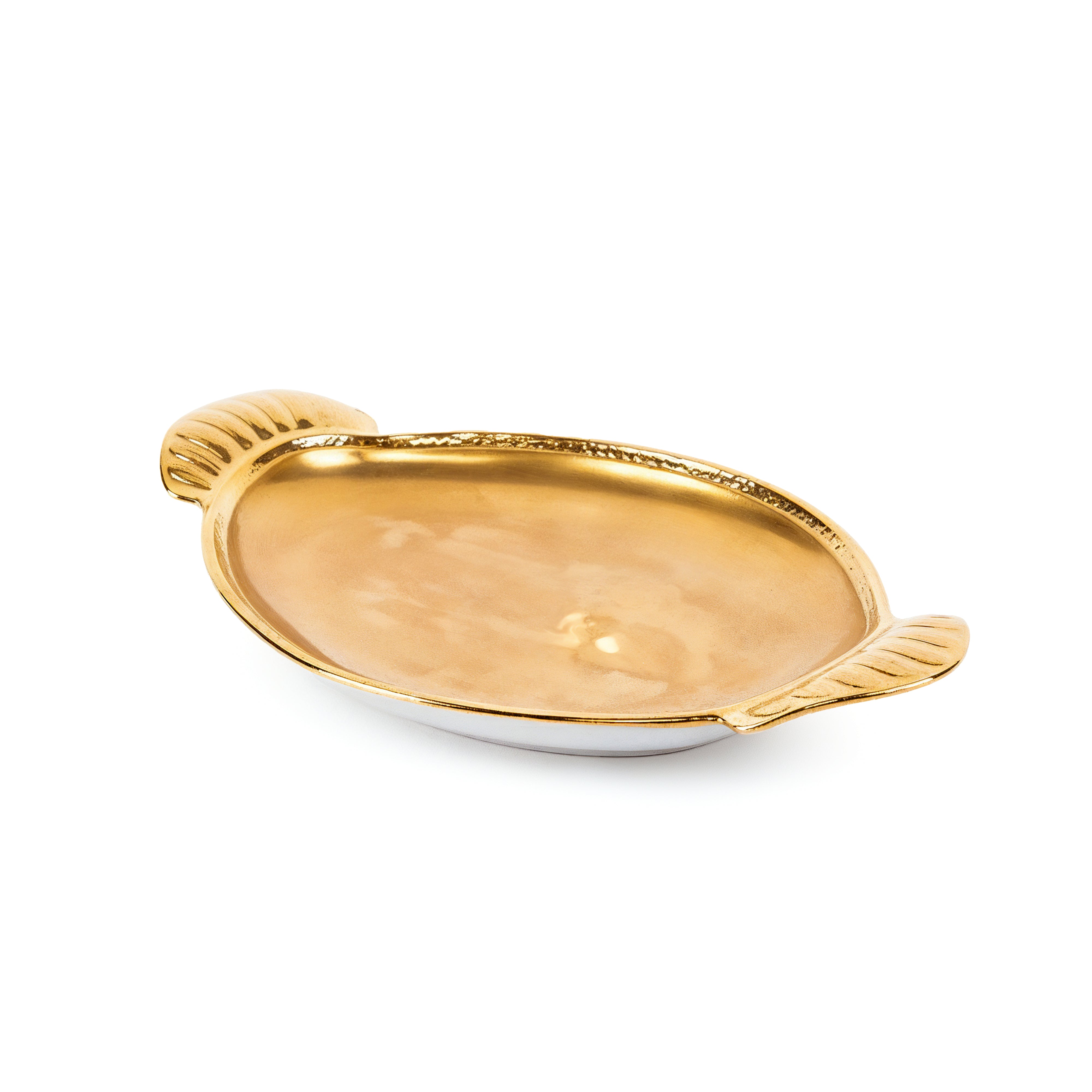 Villari. Oval Golden Tray with Feathers Design Handles. Large Size