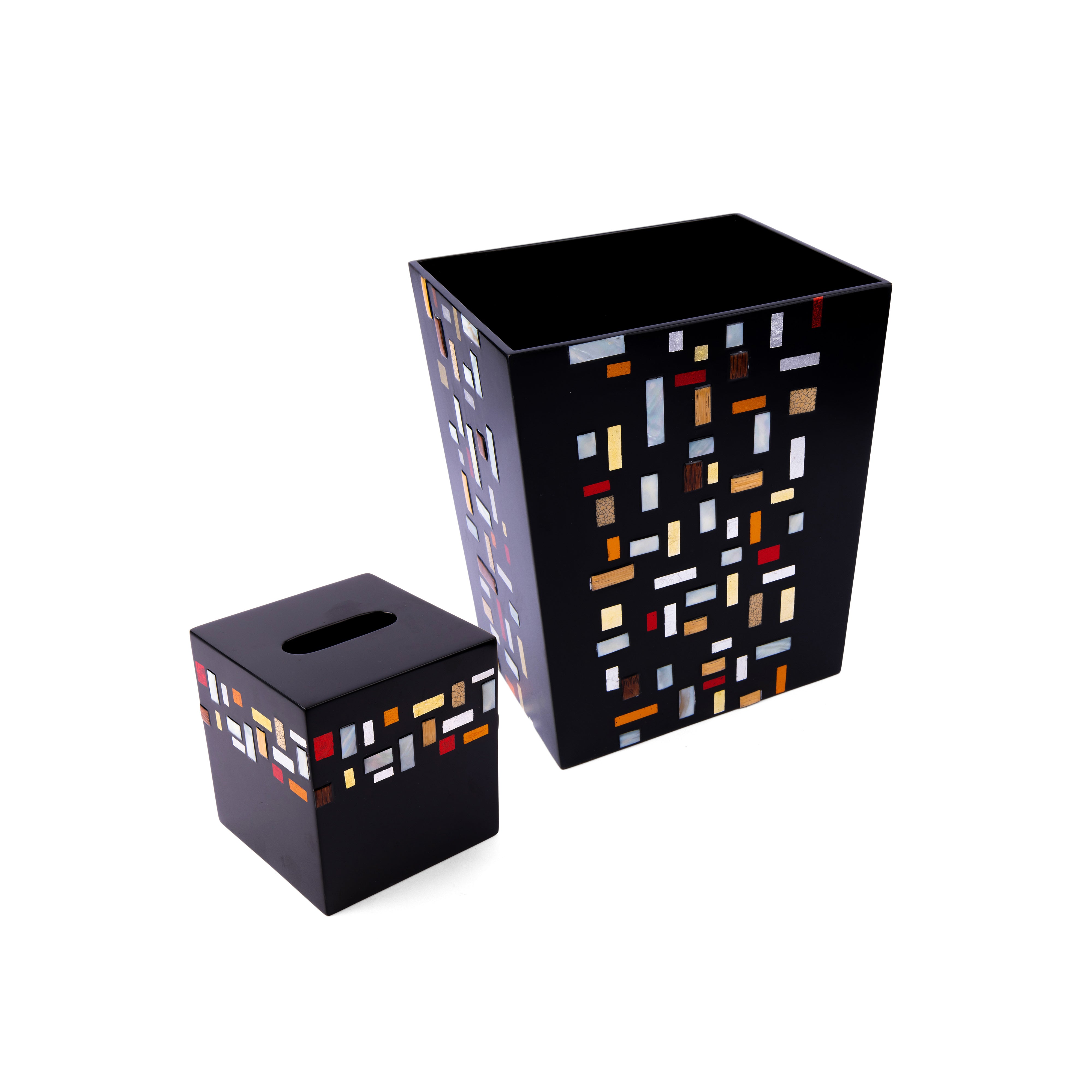 J. Fleet Designs. A Set of Black Wooden Tissue Box & Wastebasket in Checkered Blocks Design