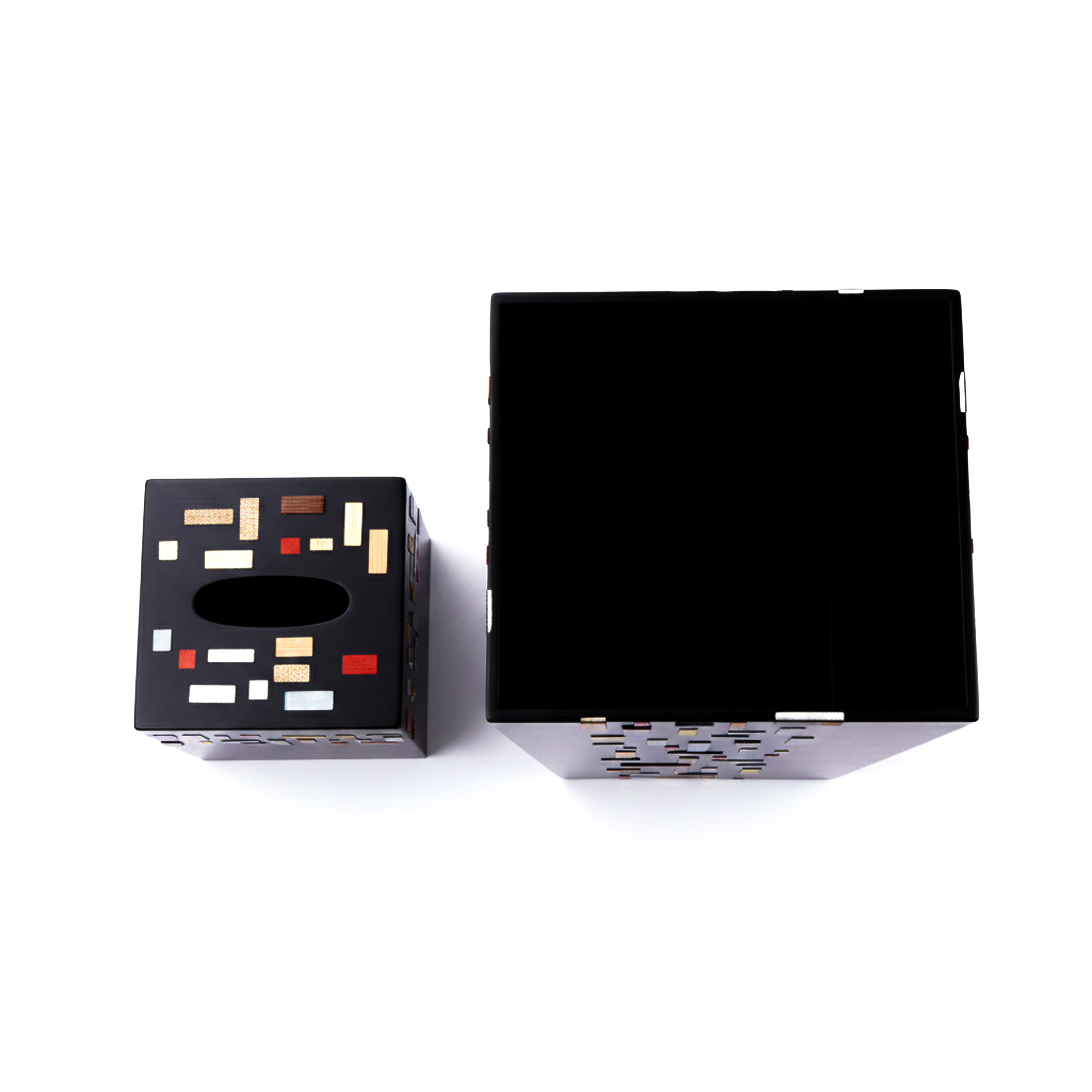 J. Fleet Designs. A Set of Black Wooden Tissue Box & Wastebasket in Checkered Blocks Design