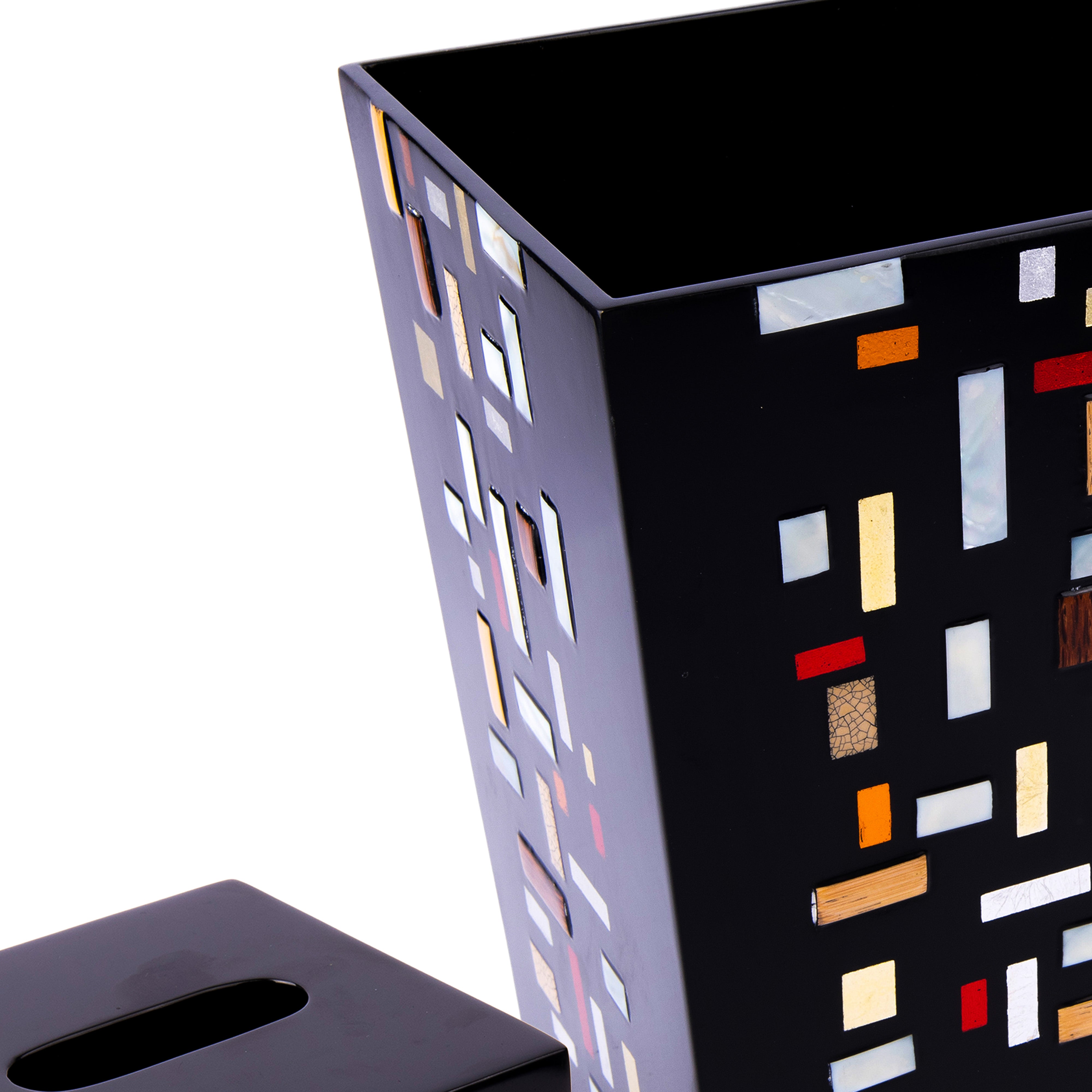 J. Fleet Designs. A Set of Black Wooden Tissue Box & Wastebasket in Checkered Blocks Design