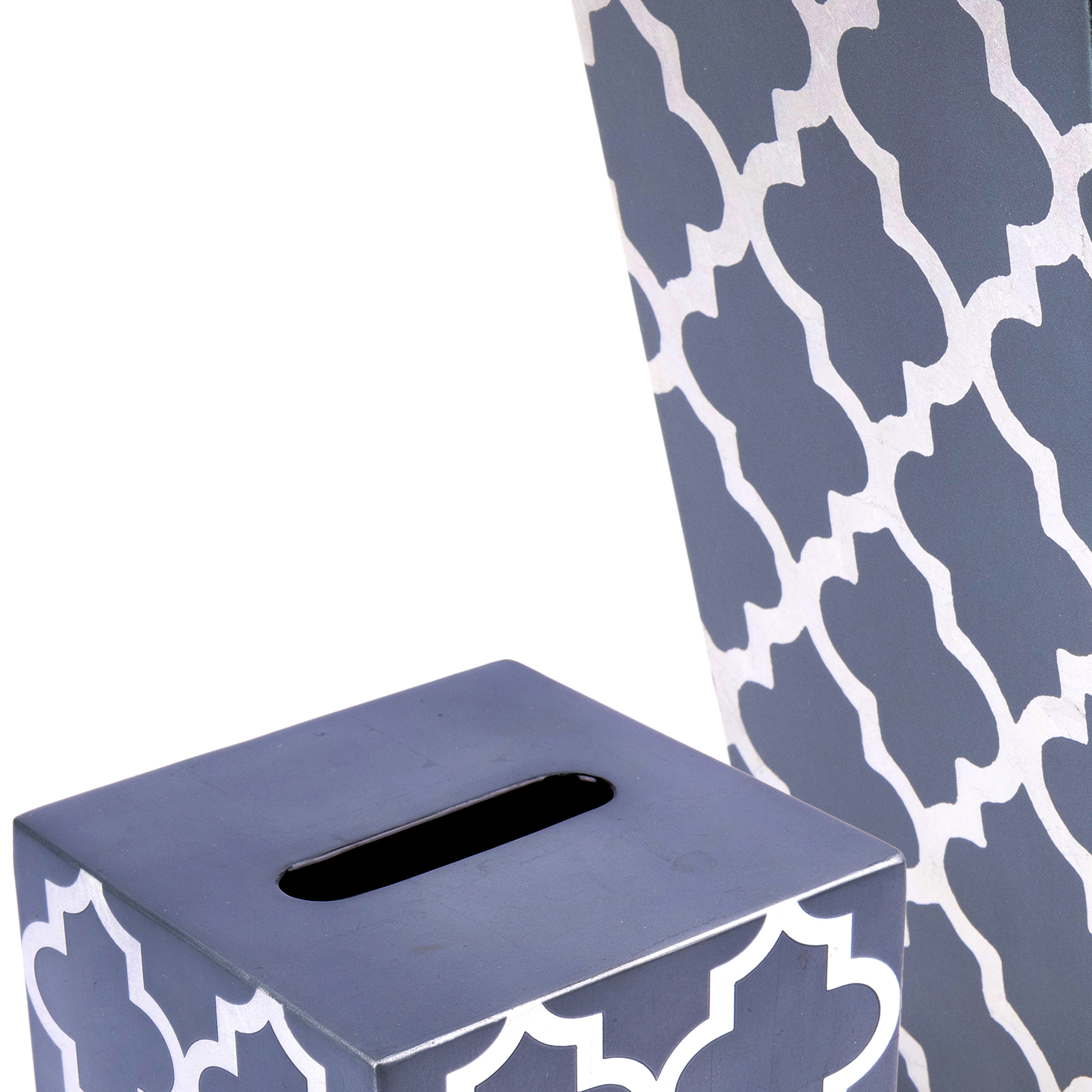 J. Fleet Designs. A Set of Dark Grey Tissue Box & Wastebasket in Arabesque Print