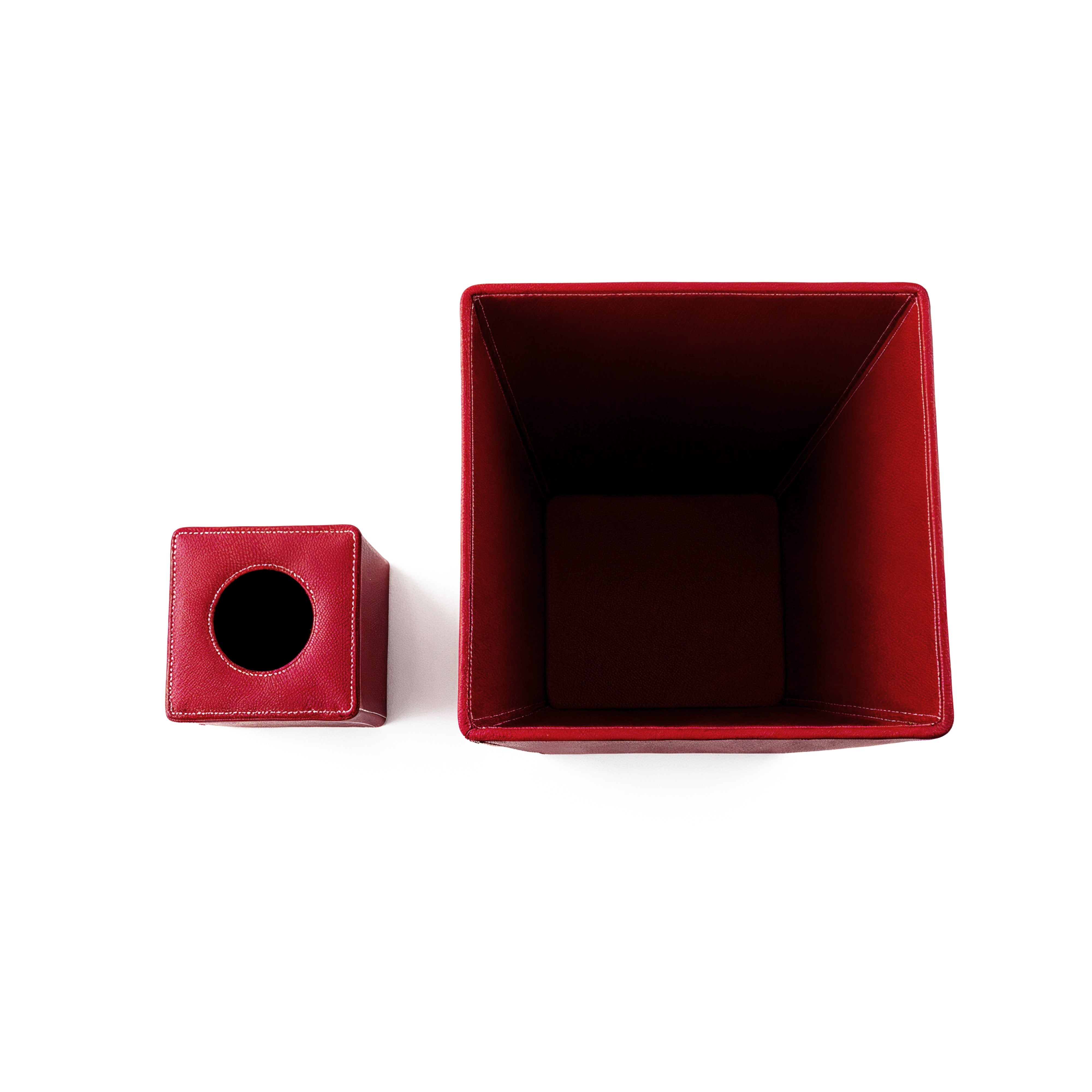 Habitat International. A Set of Red Leather Tissue Box & Wastebasket.