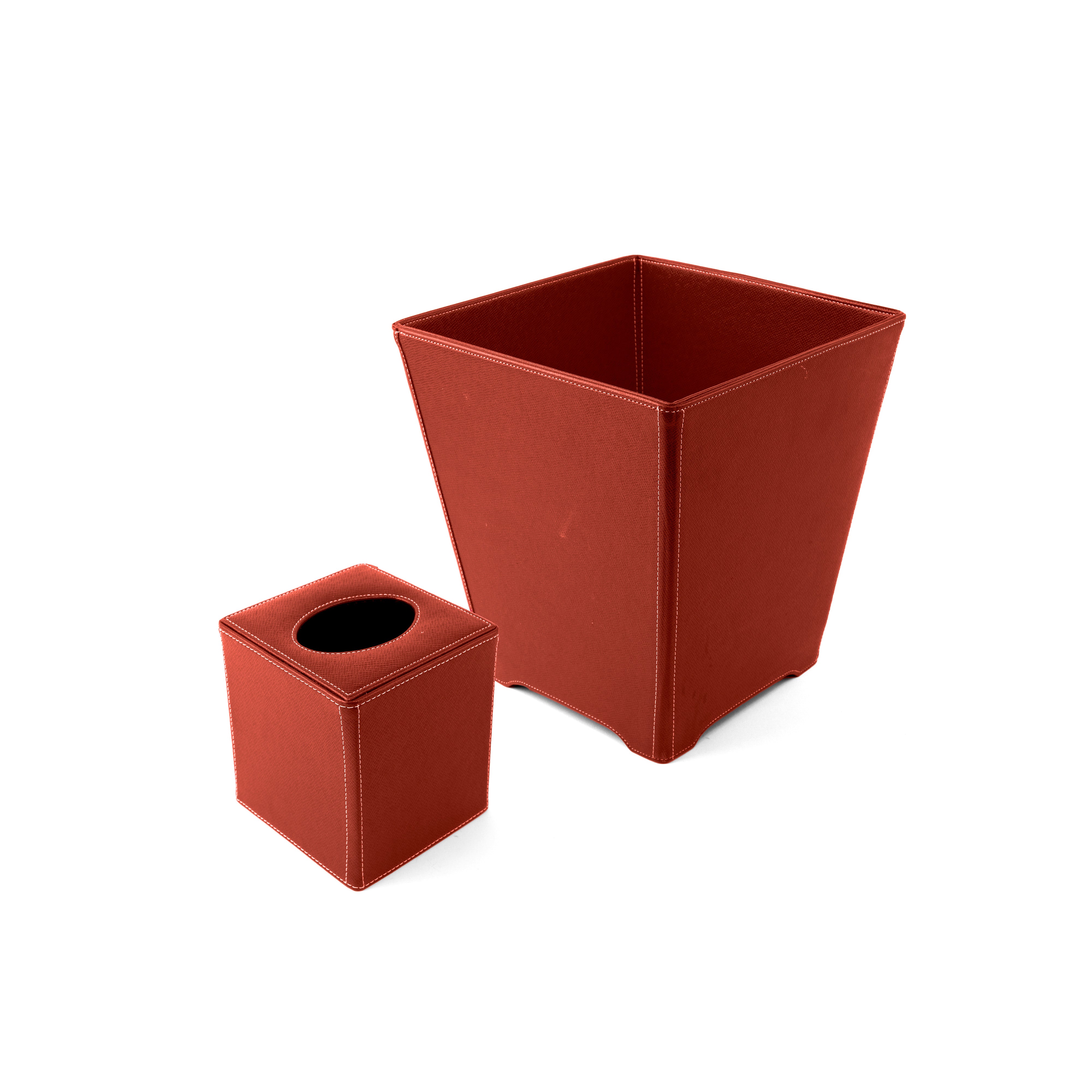 Habitat International. A Set of Amber Leather Tissue Box & Wastebasket.