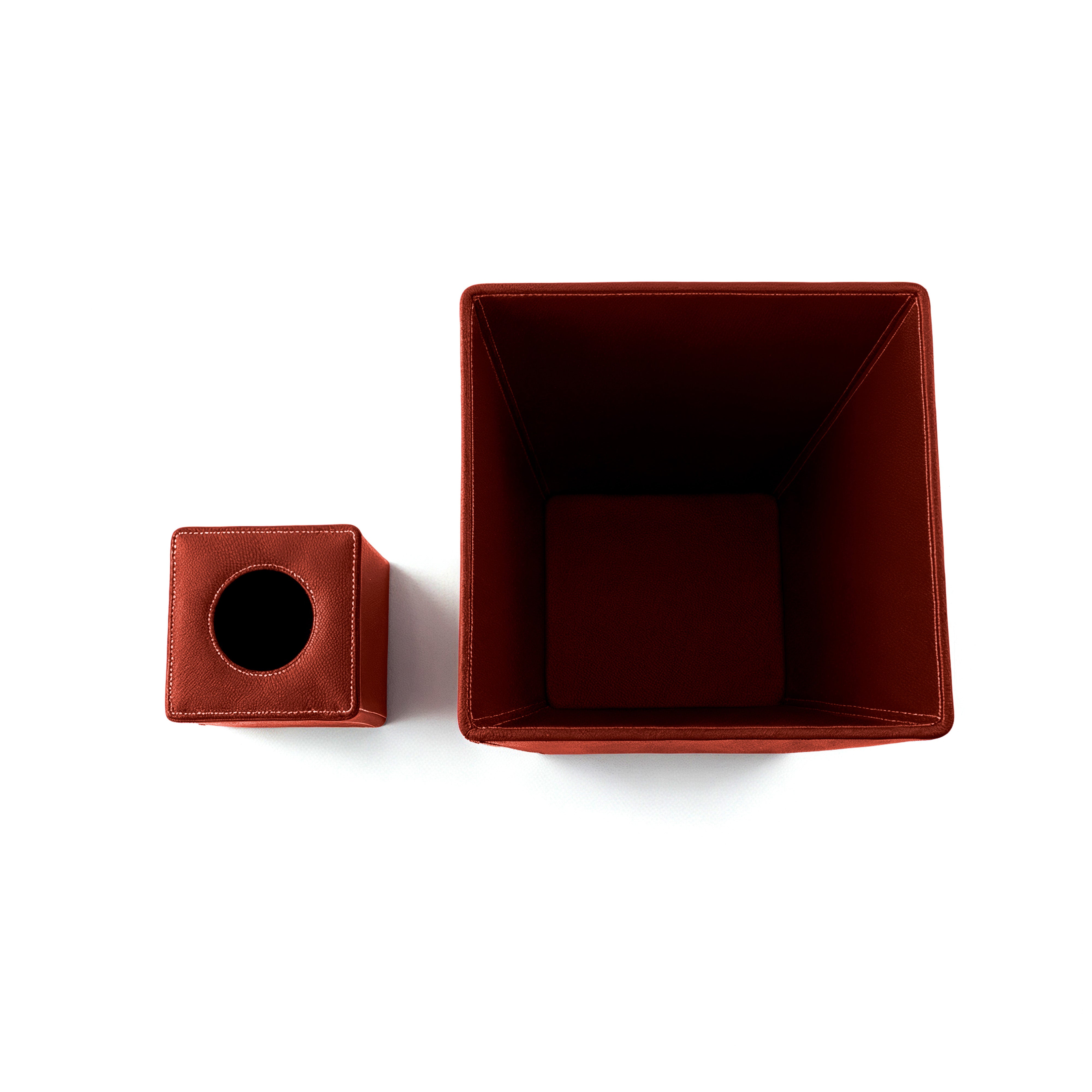 Habitat International. A Set of Amber Leather Tissue Box & Wastebasket.